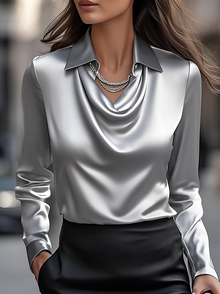 1_76ac8cd0-1620-450e-8515-eed99eabf193 ELEGANT WHITE SATIN BLOUSE DRAPED NECKLINE PARTY