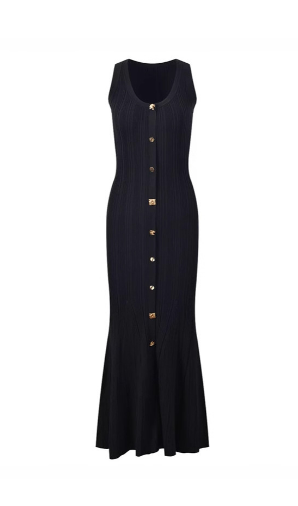 BUTTON RIBBED KNIT MIDI DRESS BLACK