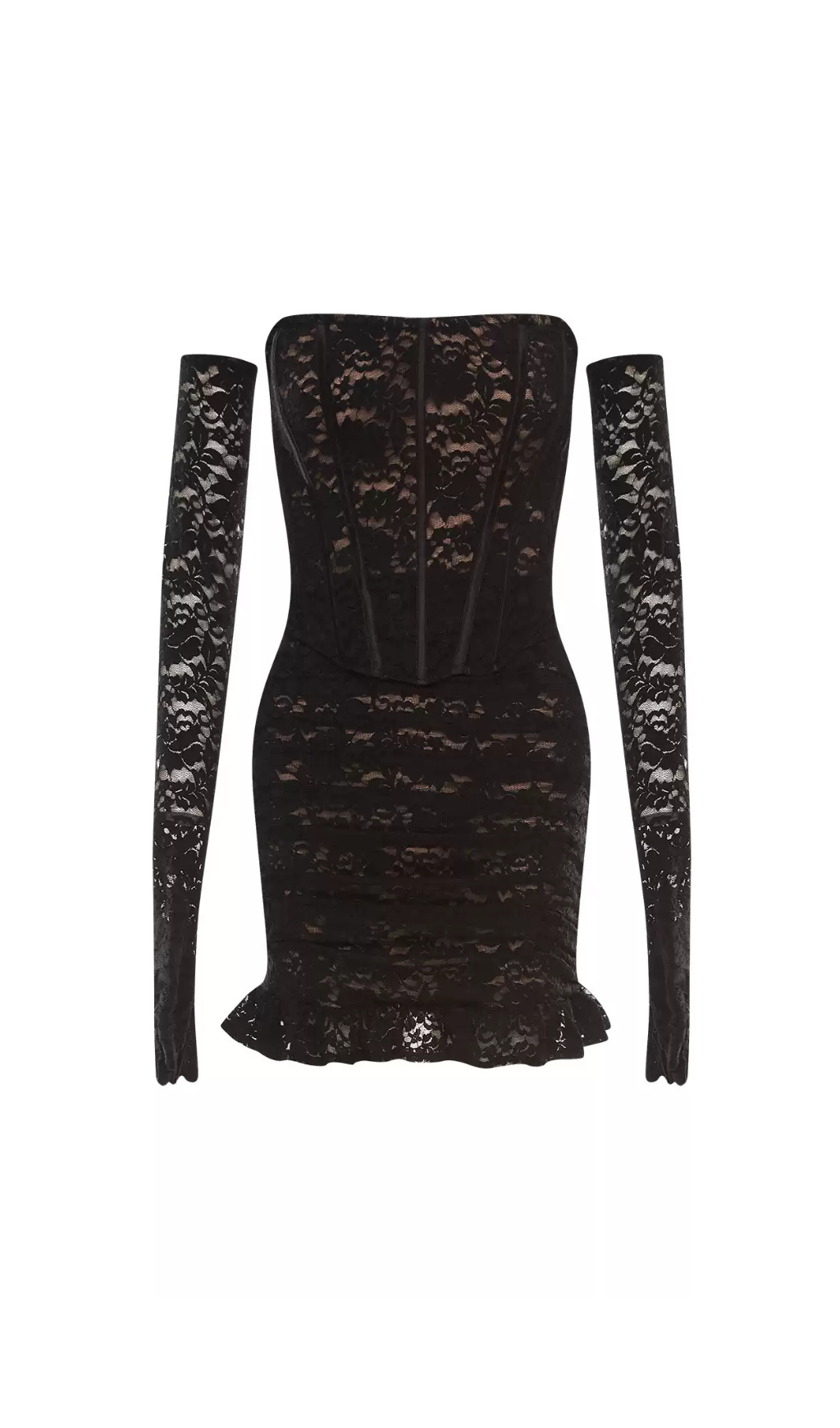 FISHBONE LACE RUFFLE MINI DRESS, BLACK COCKTAIL