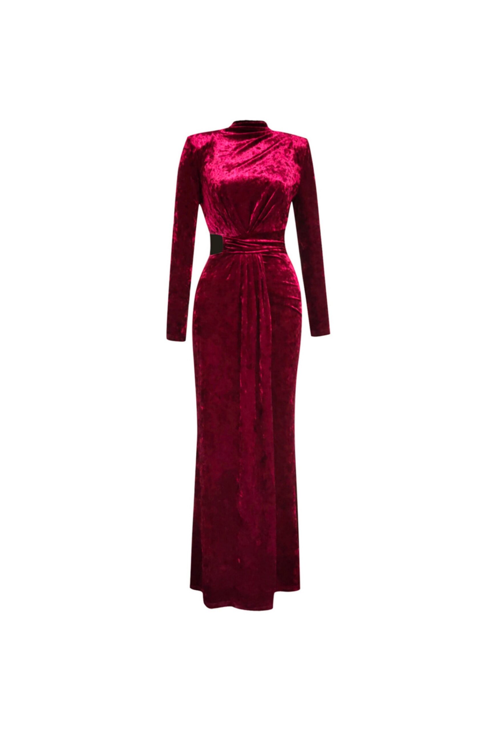 VELVET HIGH NECK HOLLOW WAIST MAXI DRESS BURGUNDY