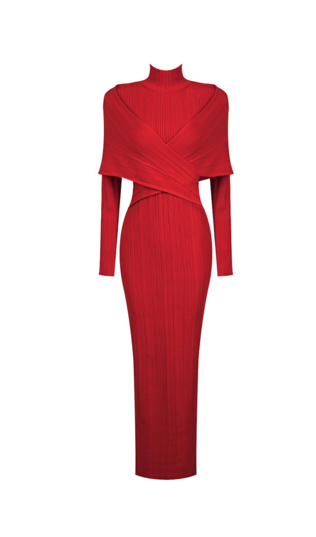 RED PLEATED KNIT MAXI DRESS, LONG SLEEVE