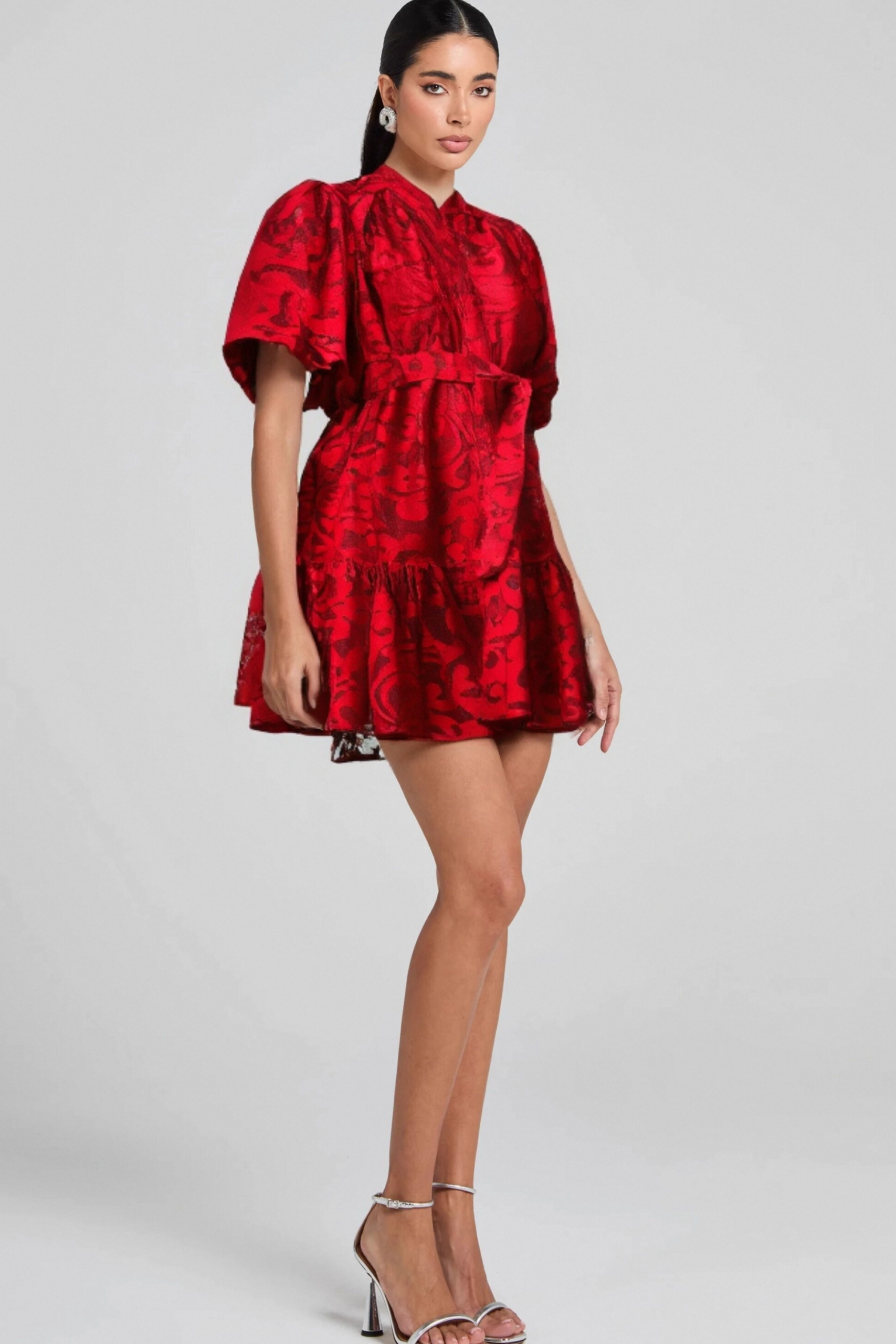 ATHÉNAÏS RED JACQUARD SEMI-SHEER COCKTAIL DRESS