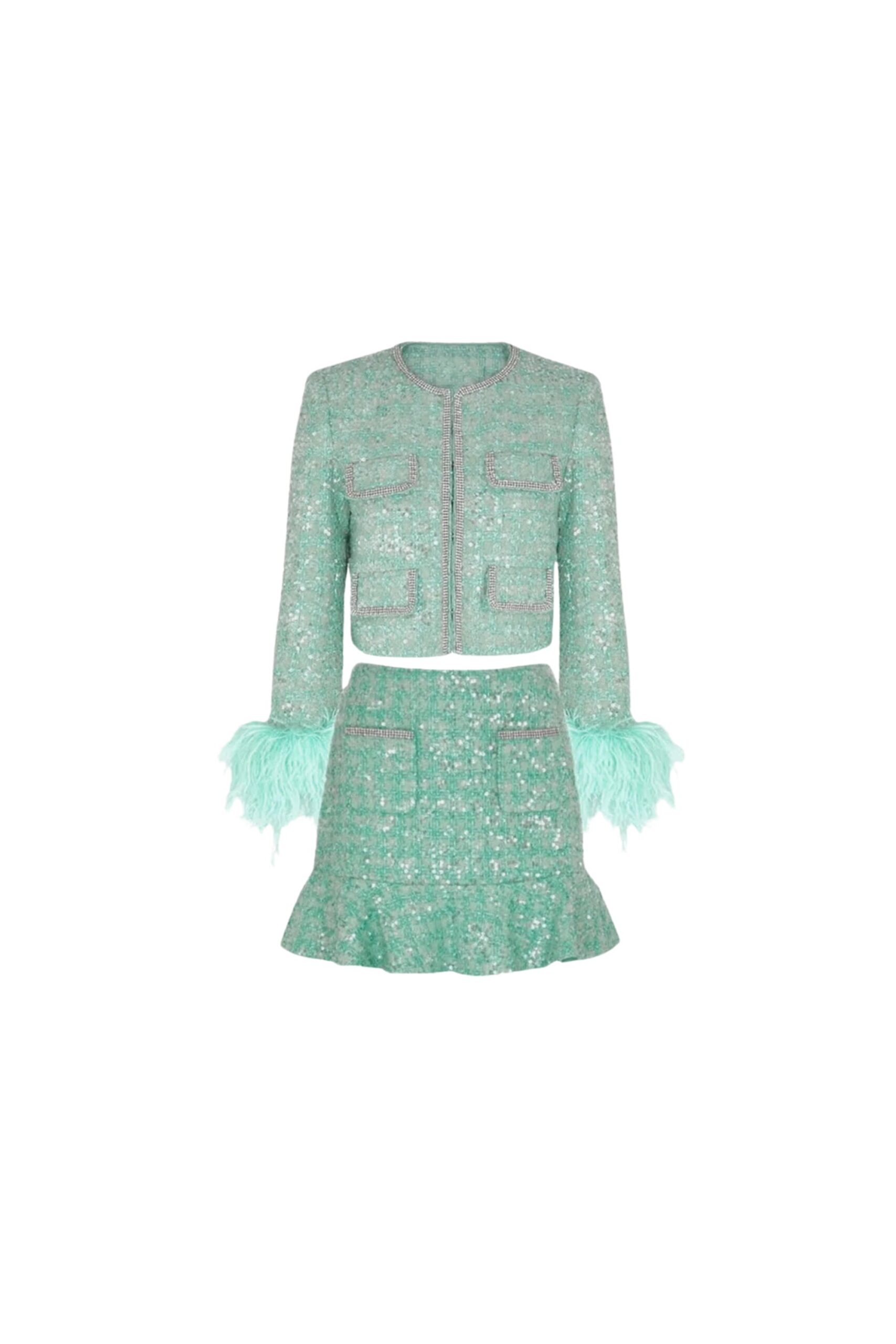 STEPHANIE GREEN BOUCLE FEATHER JACKET SUIT