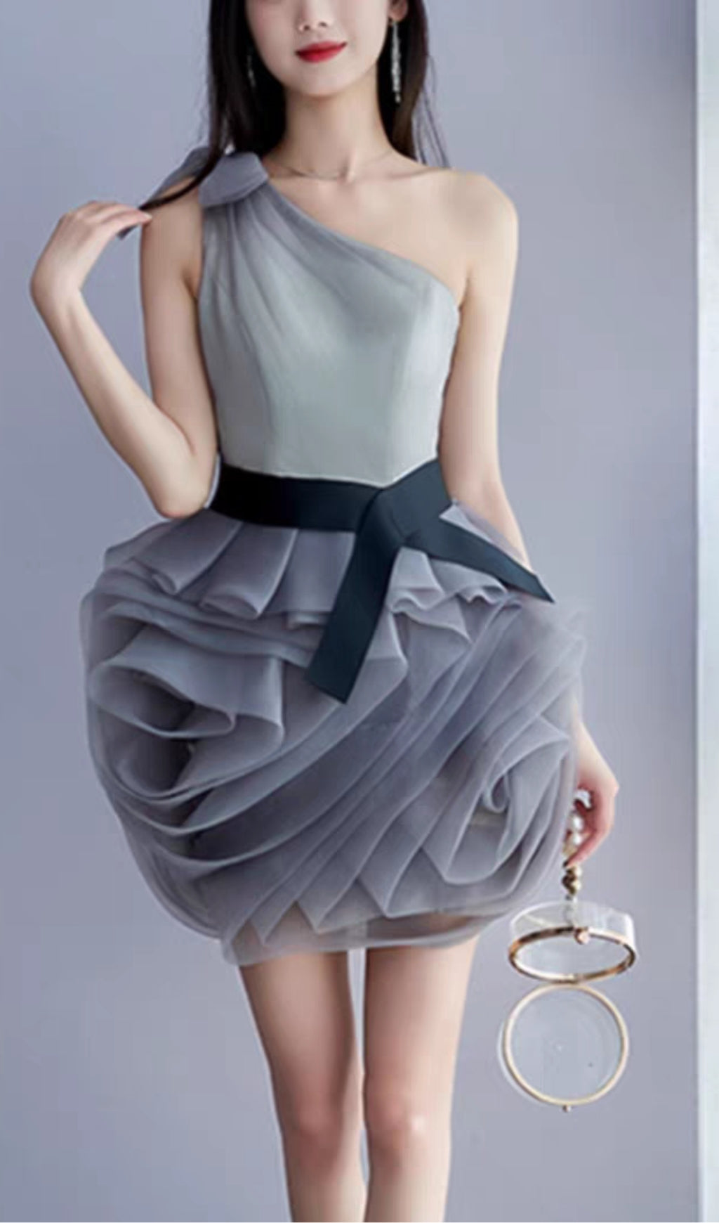 1_81d8a445-8746-417b-b477-ecde32b387a2 ONE SHOULDER MESH MINI DRESS GREY PARTY