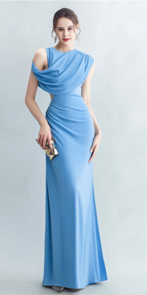 CASI SIDE-SLIT DRAPED JERSEY GOWN IN BLUE