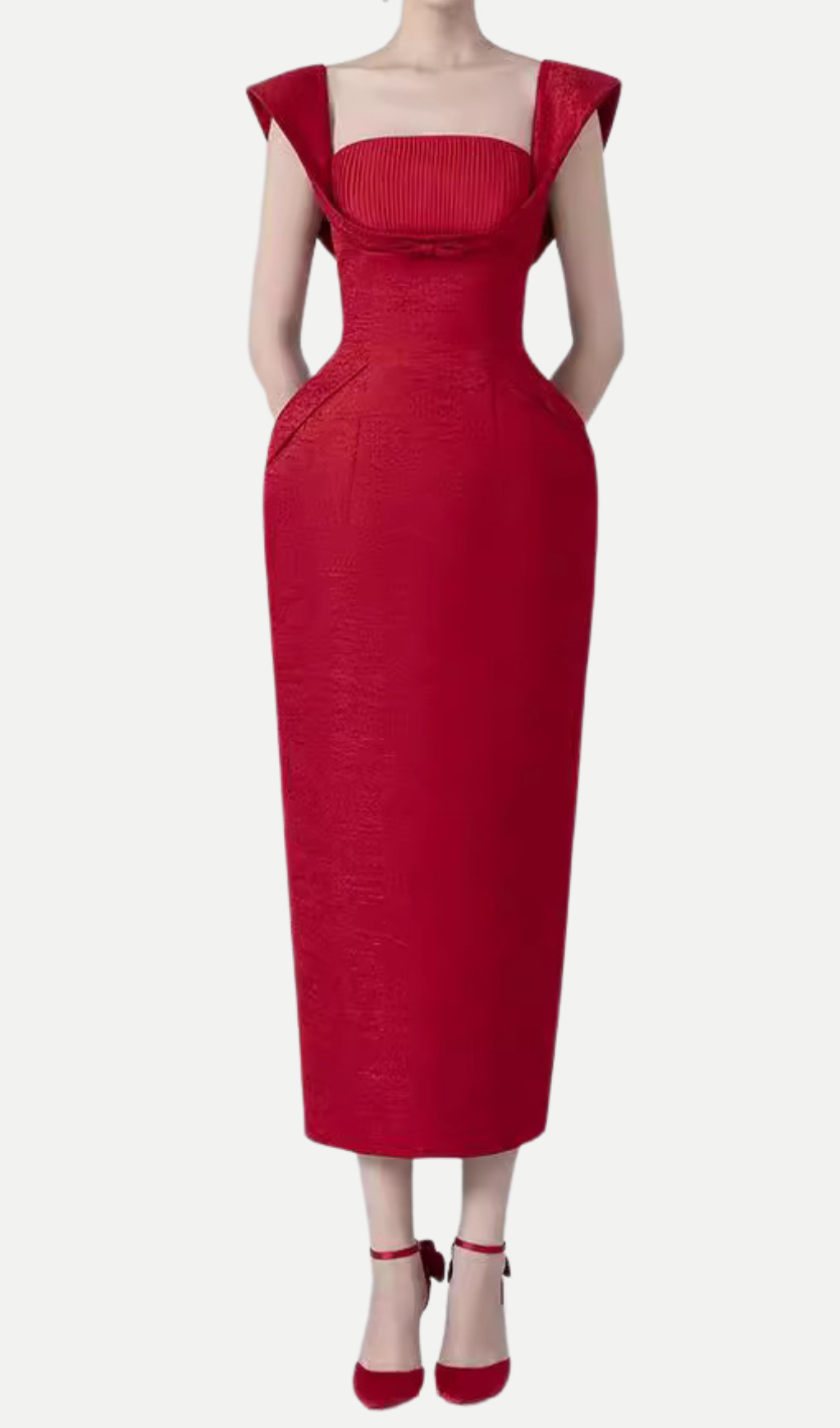 1_835eef17-931e-4011-9f66-17e759ce2cf3 SQUARE NECK BOW MIDI DRESS - RED, DATE NIGHT