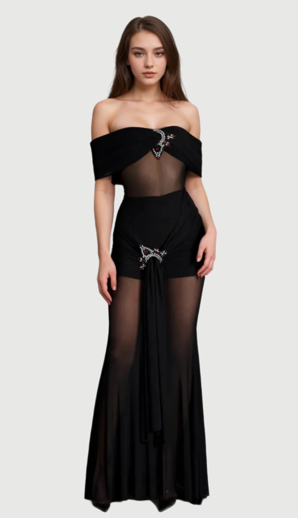 BLACK SHEER MESH CRYSTAL DRESS EVENING