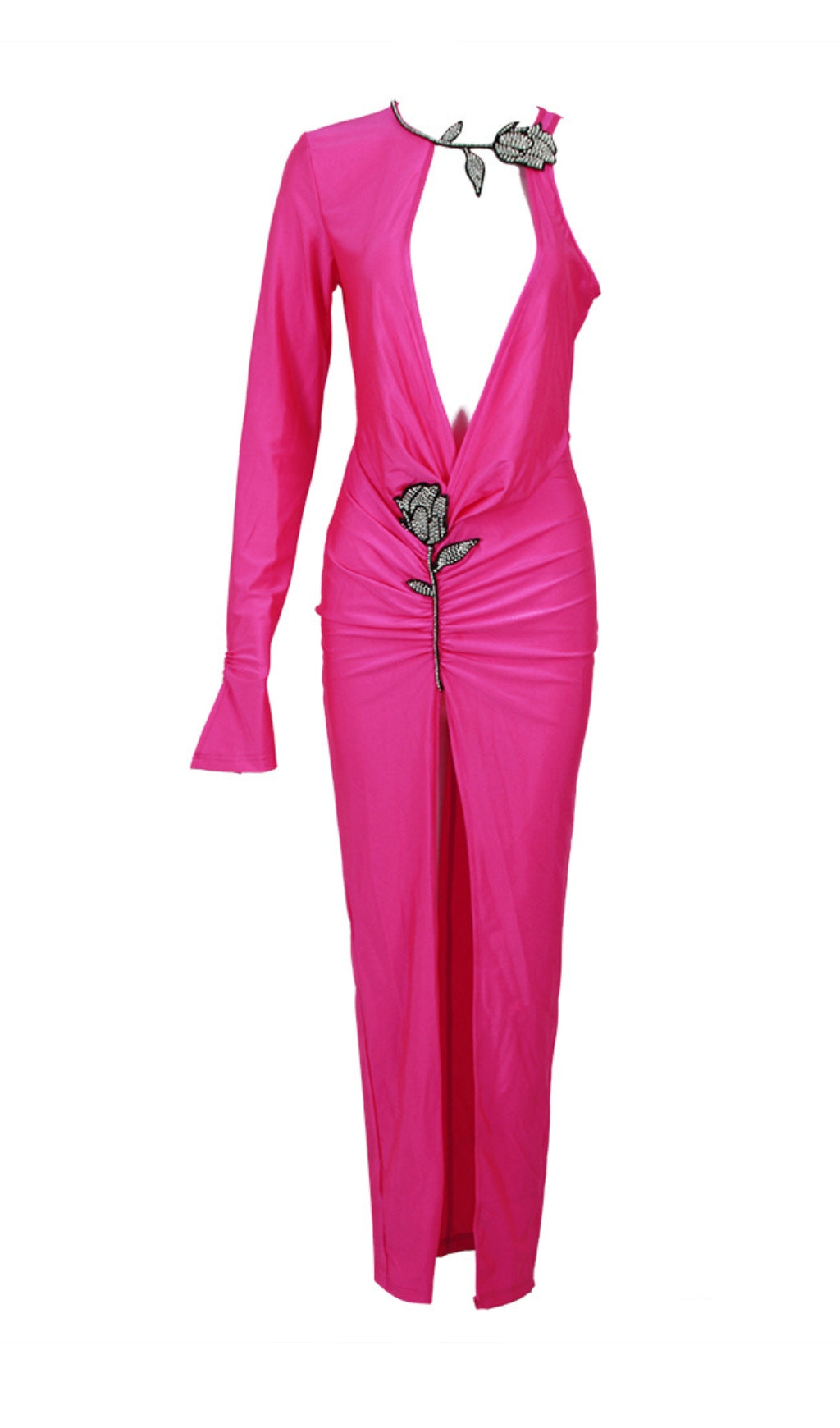 CRYSTAL FLOWER CUTOUT RUCHED COCKTAIL DRESS