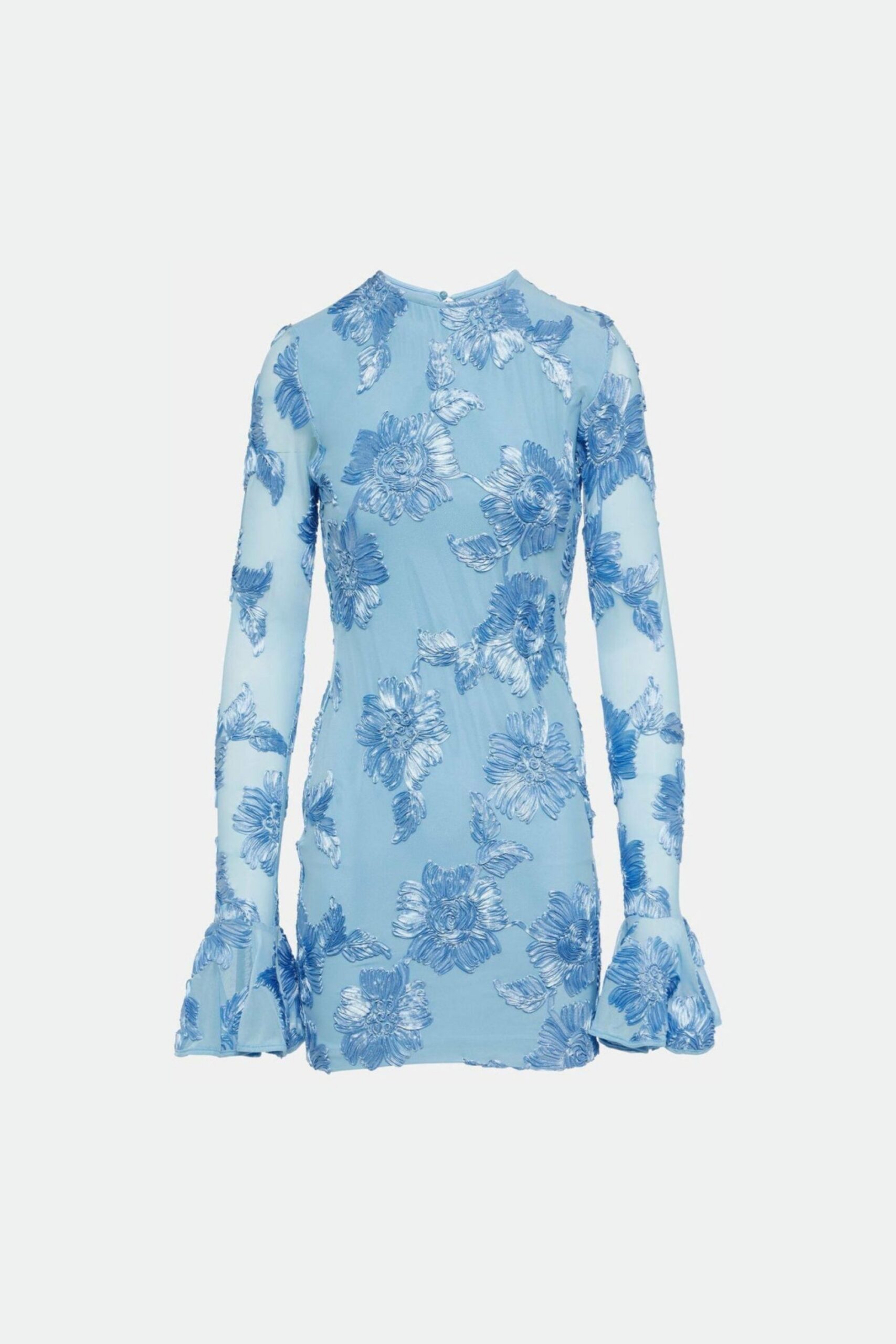 EMBROIDERED MESH FLARE SLEEVE MINI DRESS