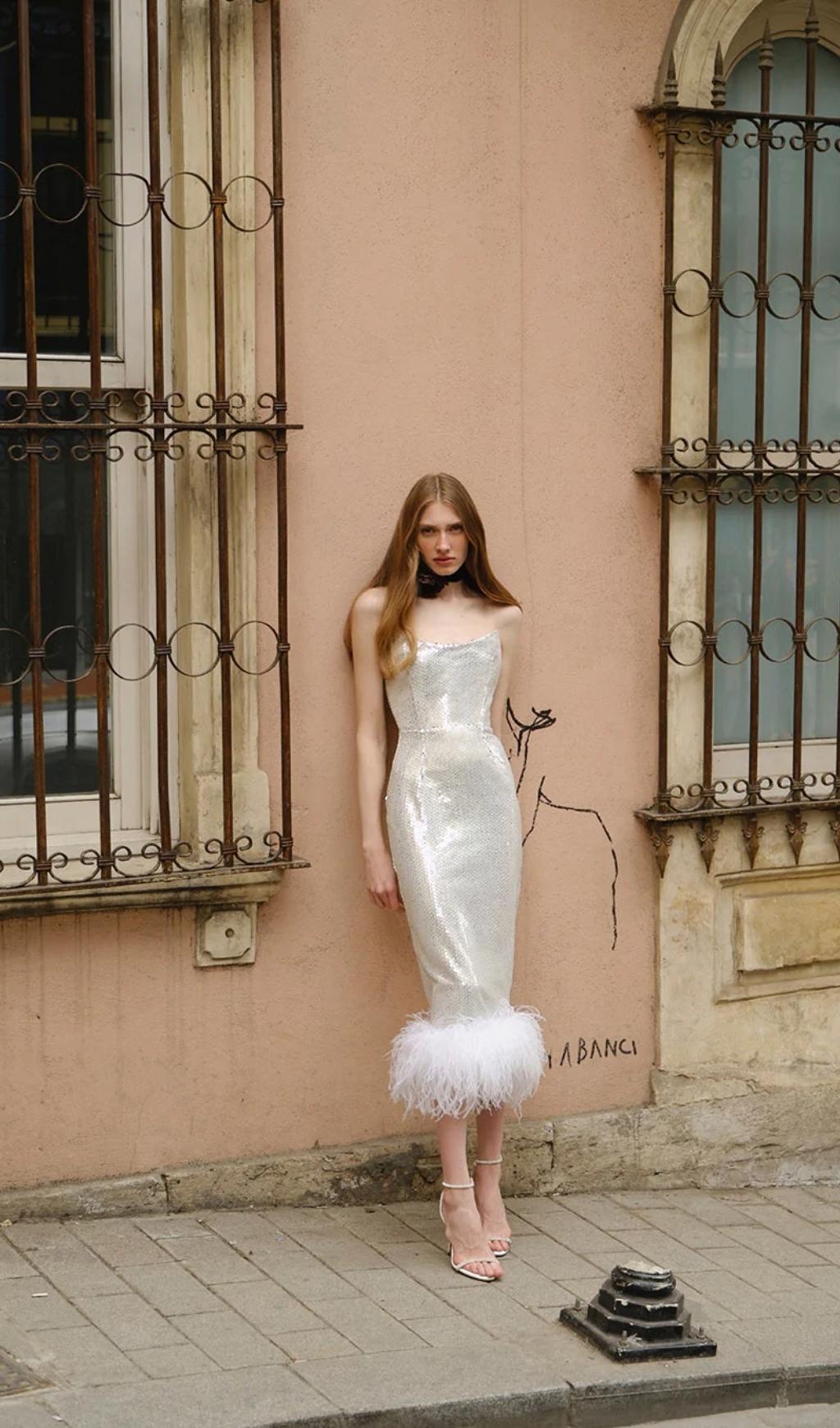 SEQUIN FEATHER WHITE MIDI DRESS FOR PARTY