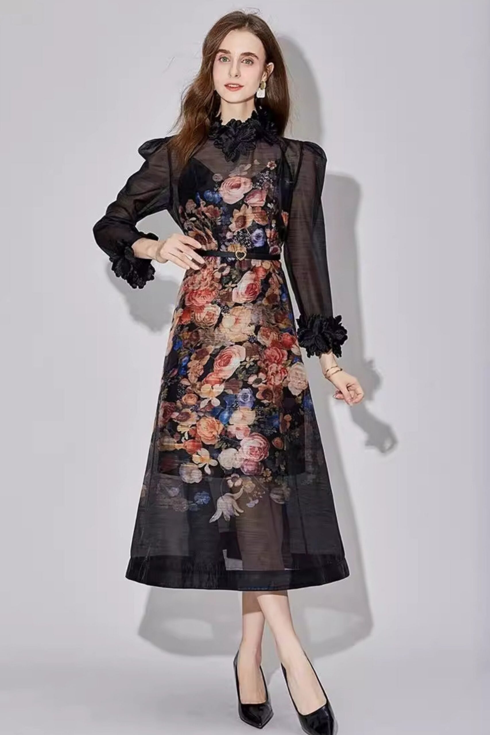 BLACK MESH FLOWER MAXI DRESS FOR WEDDING