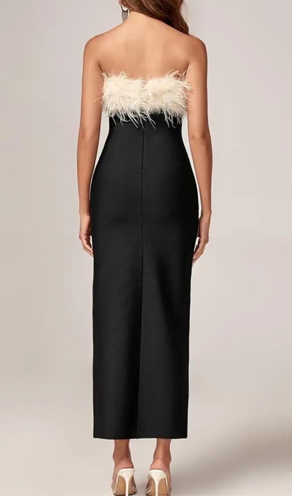 BLACK OFF-SHOULDER FEATHER MAXI PARTY DRESS