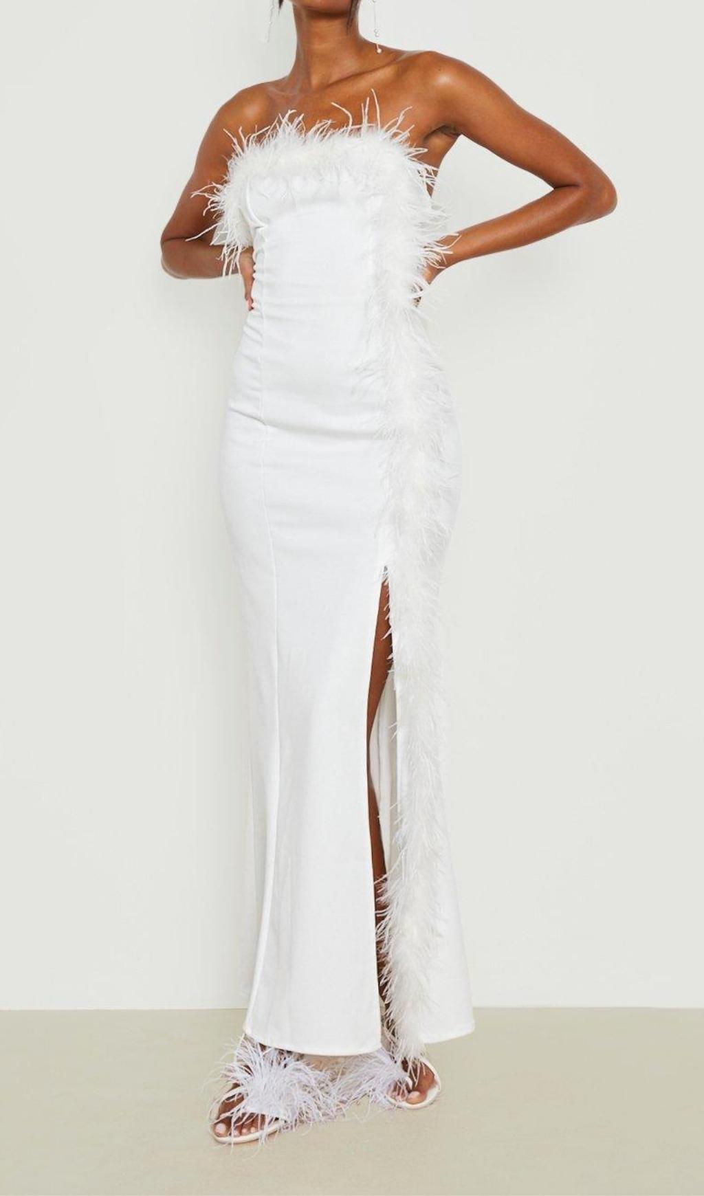FEATHER STRAPLESS WHITE MAXI DRESS, WEDDING GUEST