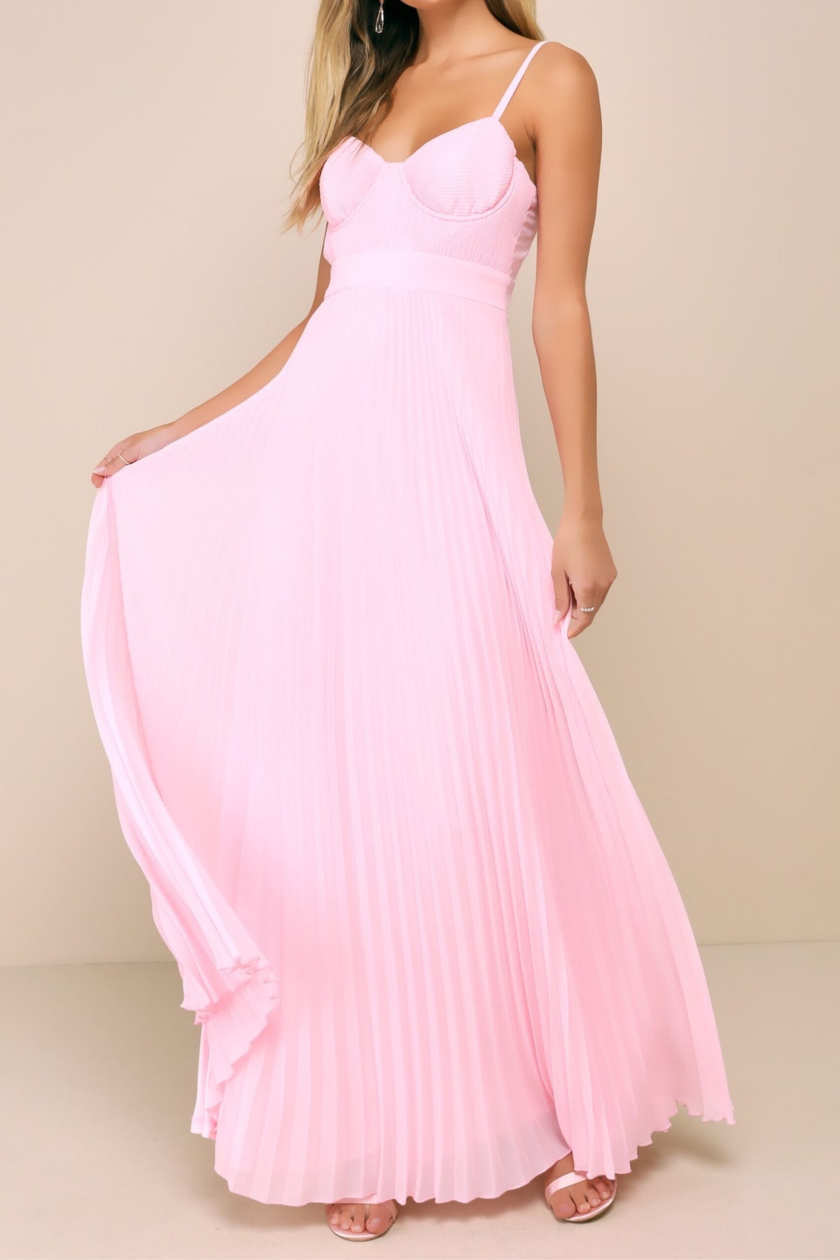 LIGHT PINK PLEATED BUSTIER MAXI PROM DRESS