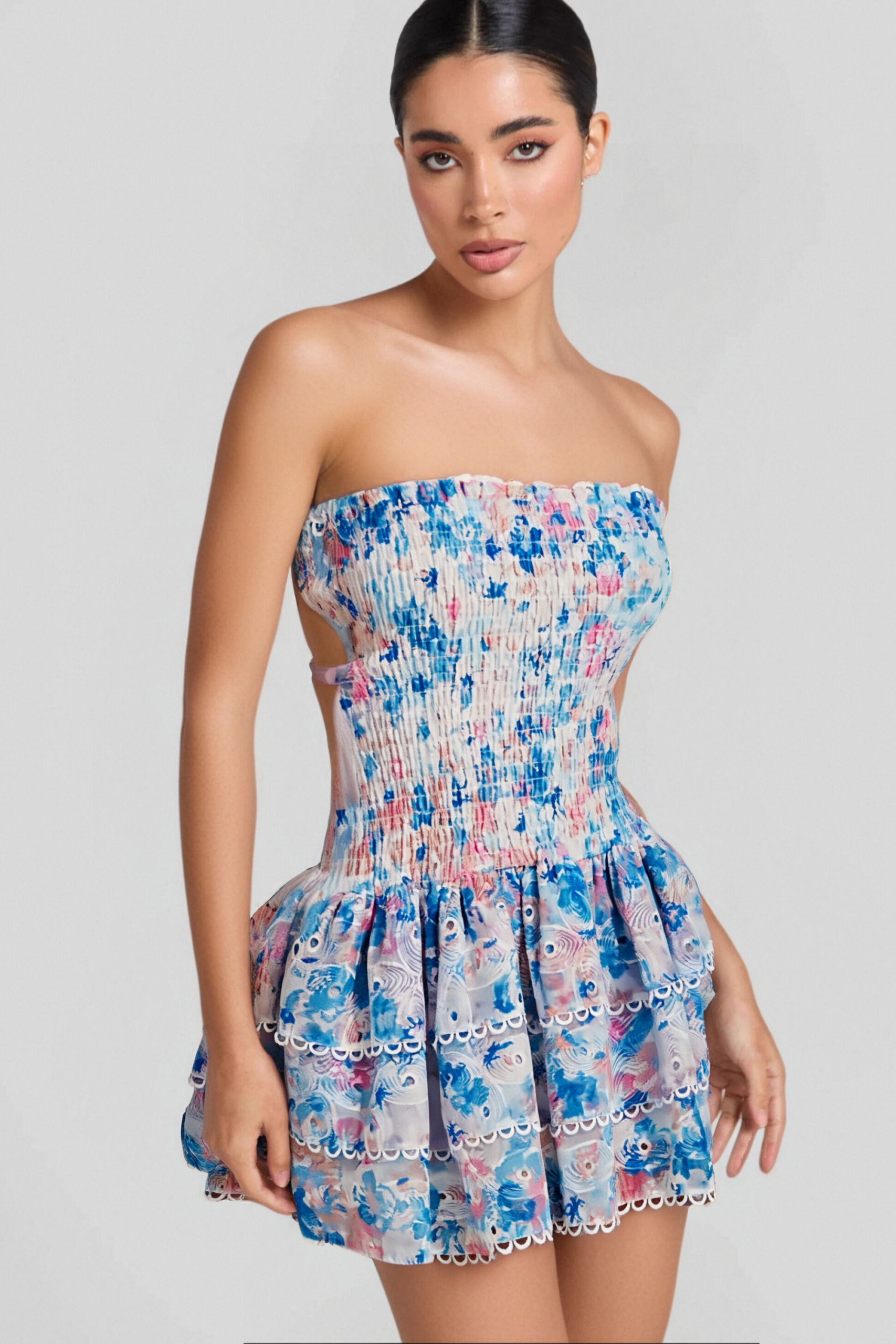 BLUE FLORAL RUCHED STRAPLESS MINI DRESS FOR PARTY