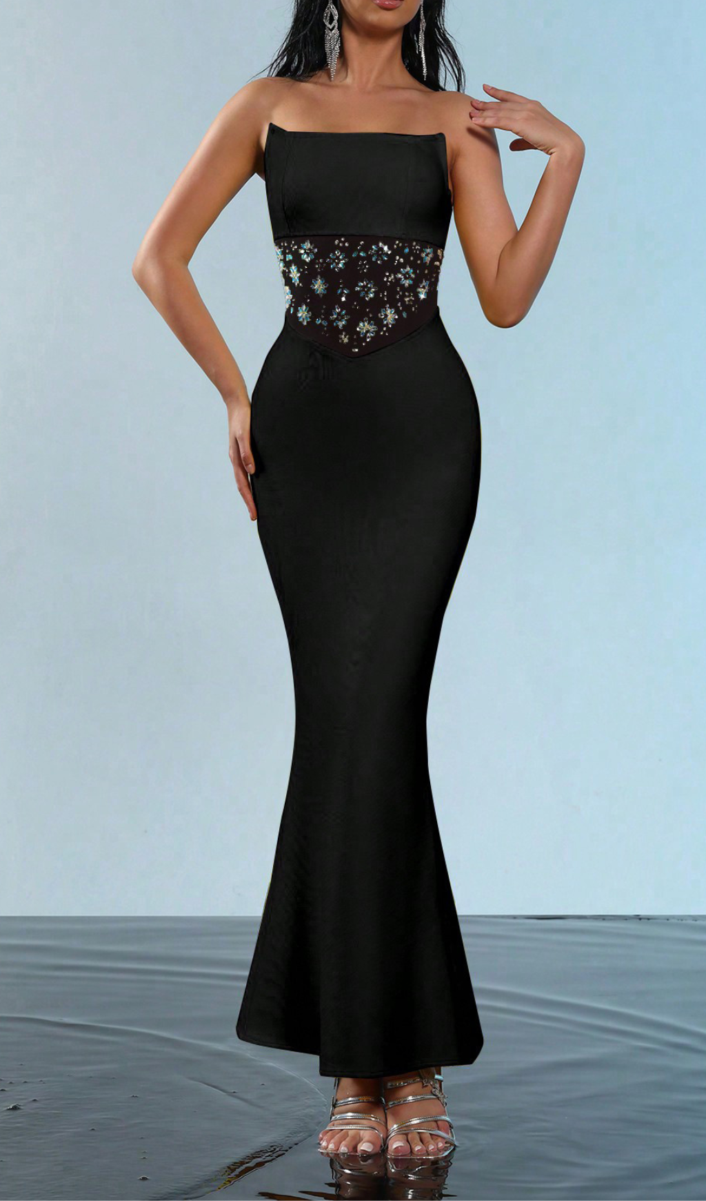 MESH SPLICE RHINESTONE BLACK BANDAGE MAXI DRESS