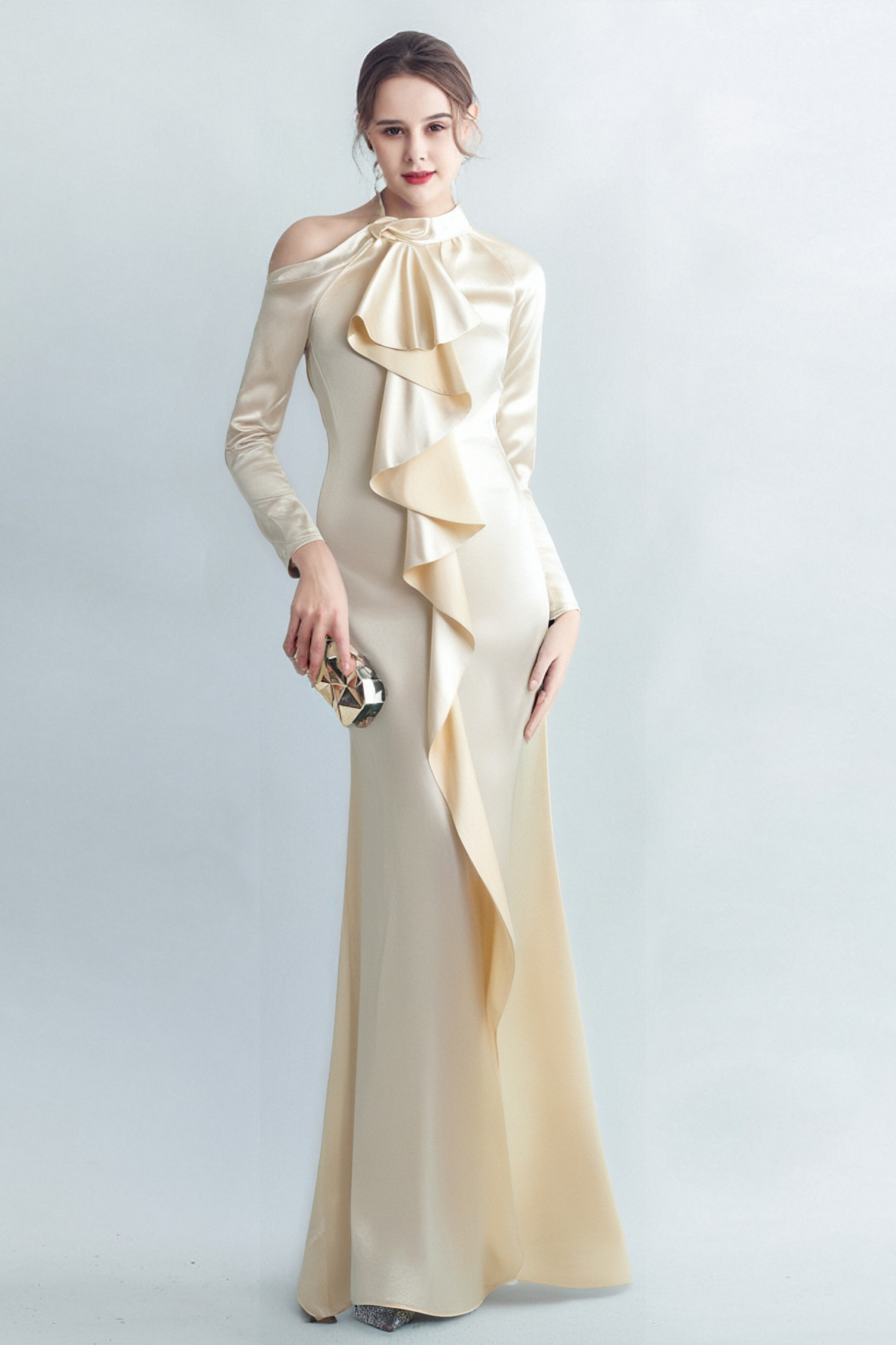 RAE CHAMPAGNE ONE-SHOULDER RUFFLE MAXI DRESS