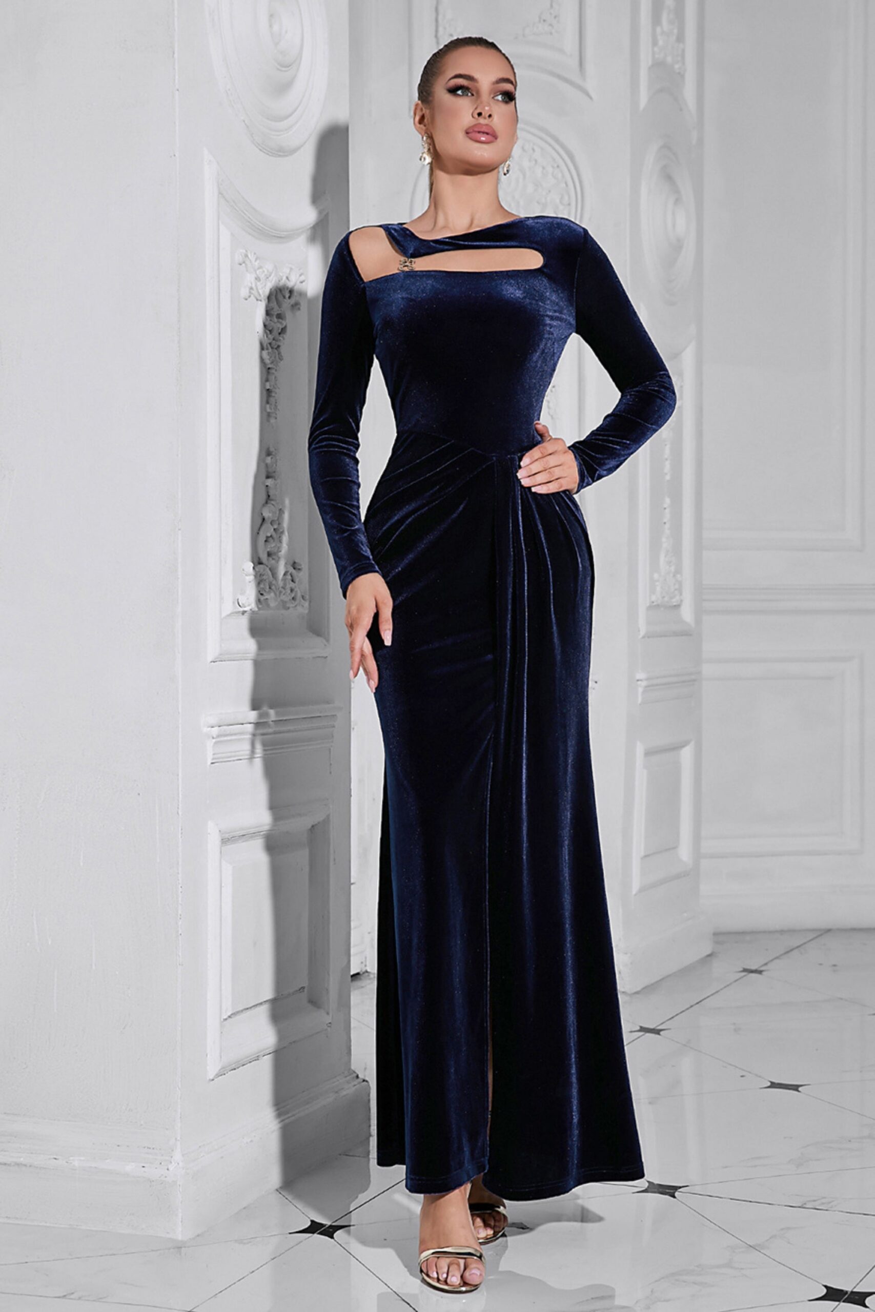 1_8e03fe51-d751-4474-9355-9d532a303d7a VELVET CUTOUT MAXI DRESS, NAVY, EVENING