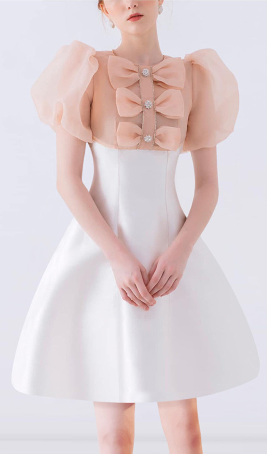 GAUZE BOW PUFF SLEEVE WHITE MINI DRESS