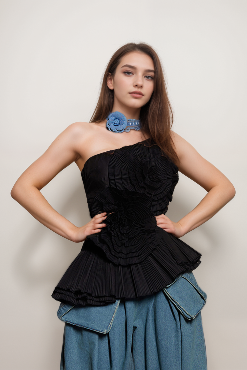 STRAPLESS BLACK FLOWER PLEATED TOP FOR PARTY