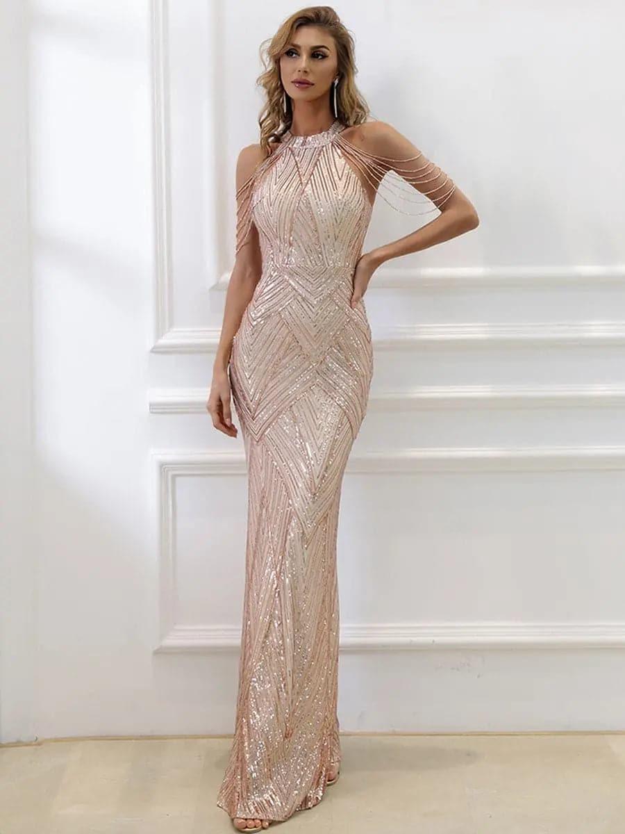 COLD SHOULDER BEADED CHAIN COCKTAIL DRESS