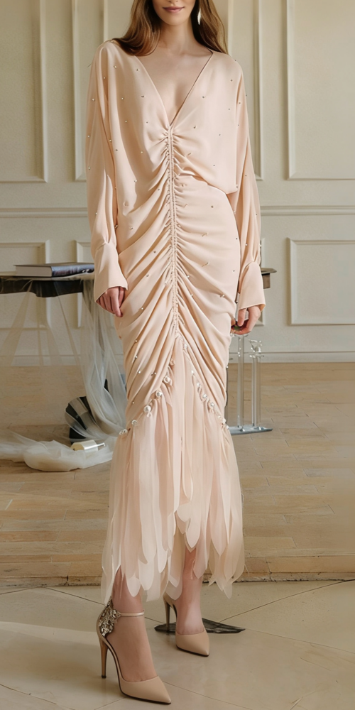 pearl embellished ruched apricot maxi dress pearl embellished ruched apricot maxi dress