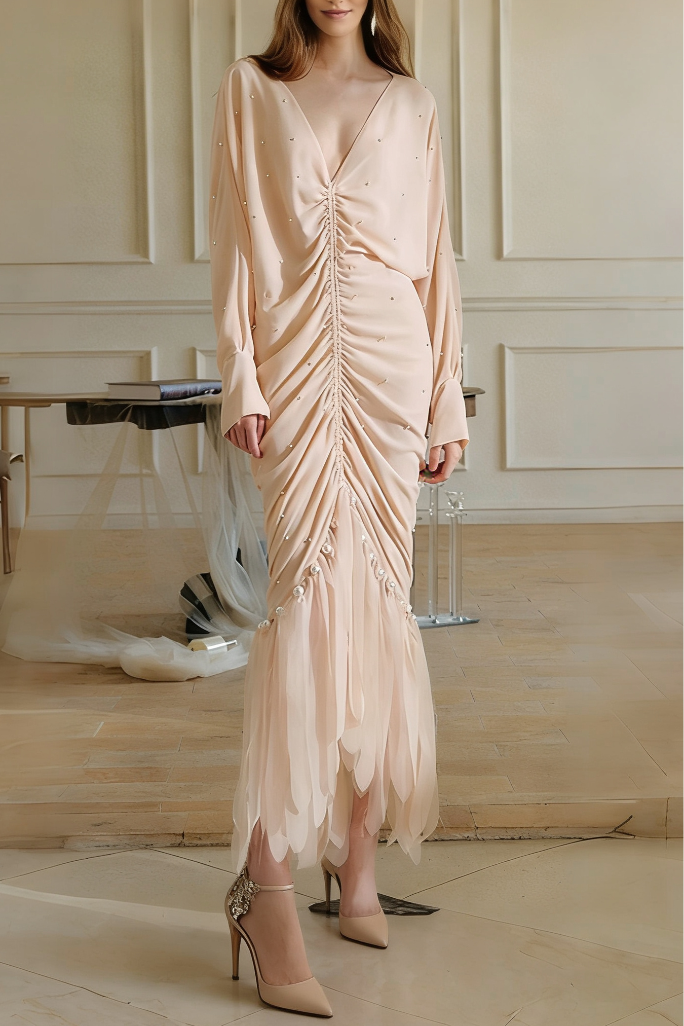 pearl embellished ruched apricot maxi dress