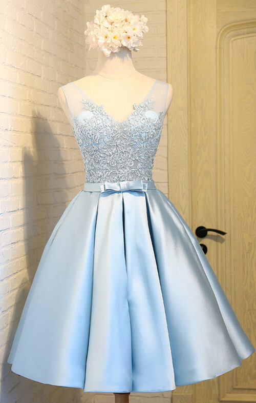 Light blue v neck lace applique mini prom dress Light blue v neck lace applique mini prom dress