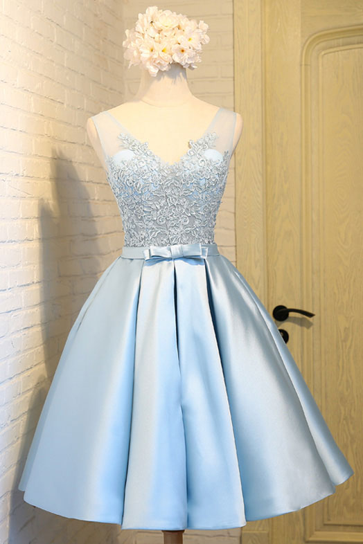 Light blue v neck lace applique mini prom dress