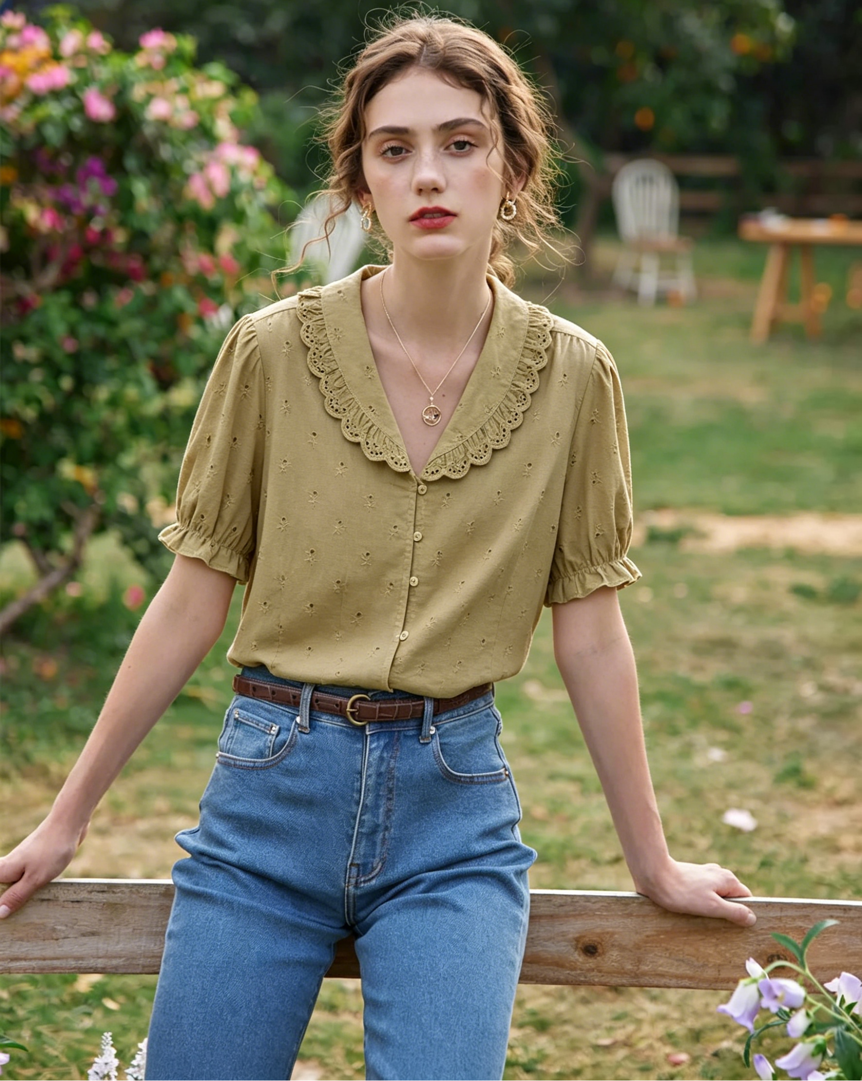 LACE EMBROIDERED SHORT SLEEVE SHIRT TOP FOR CASUAL WORK