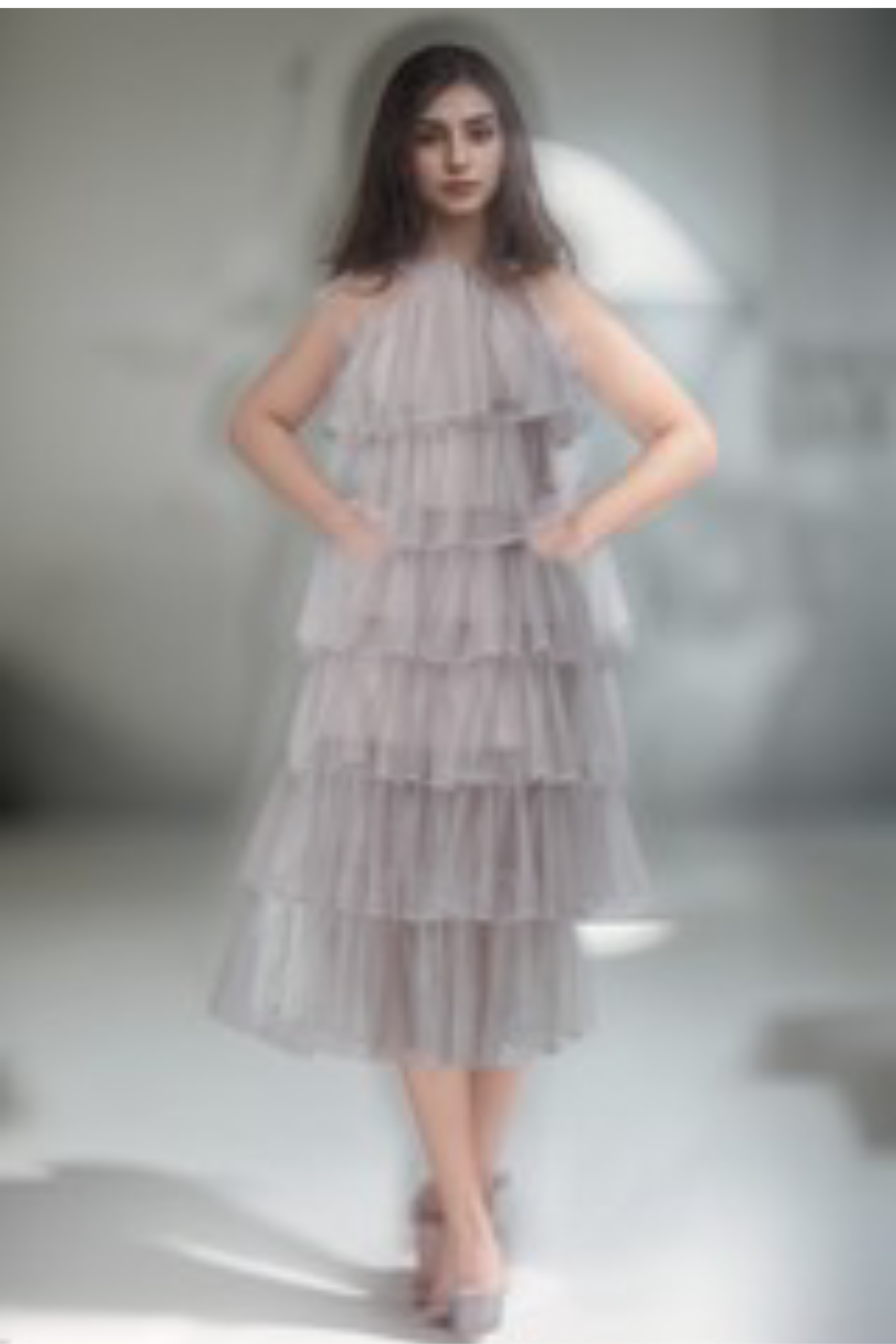 LAYERED RUFFLE HALTER SPARKLE SHEER DRESS FOR PARTY