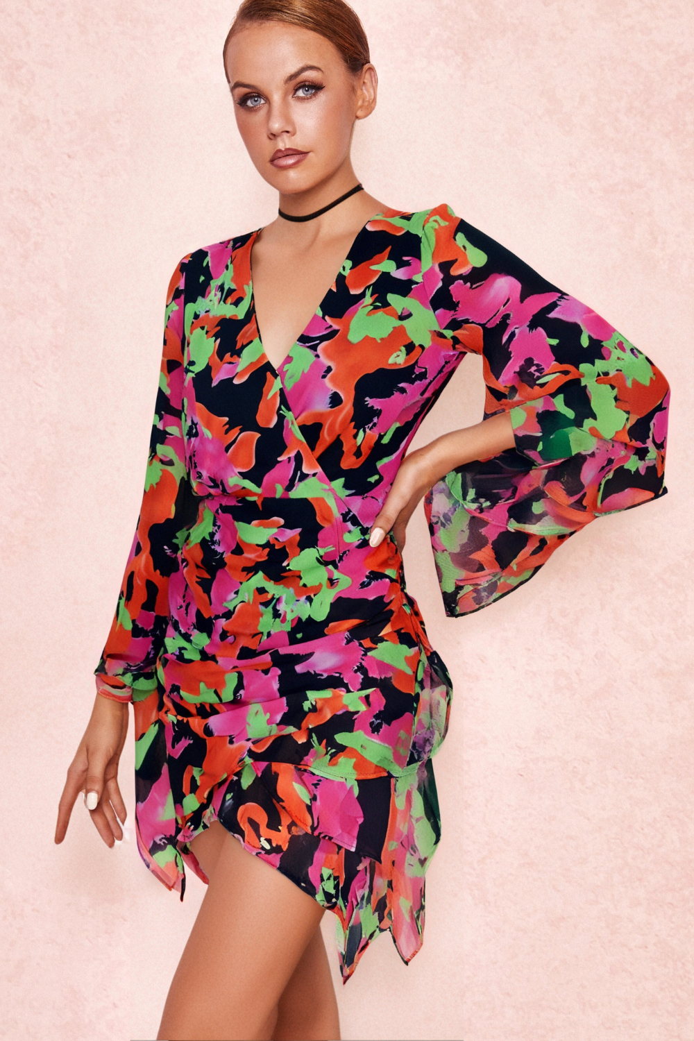 PRINTED RUFFLE MESH DRESS FOR PARTY