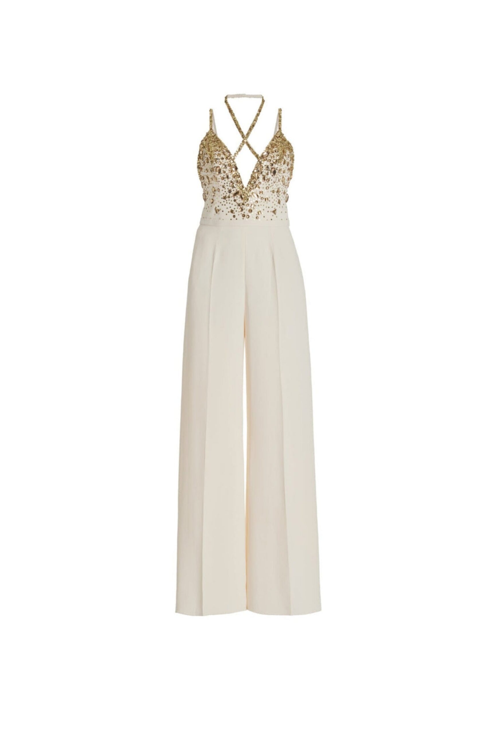 V-NECK SEQUIN HALTER JUMPSUIT WHITE