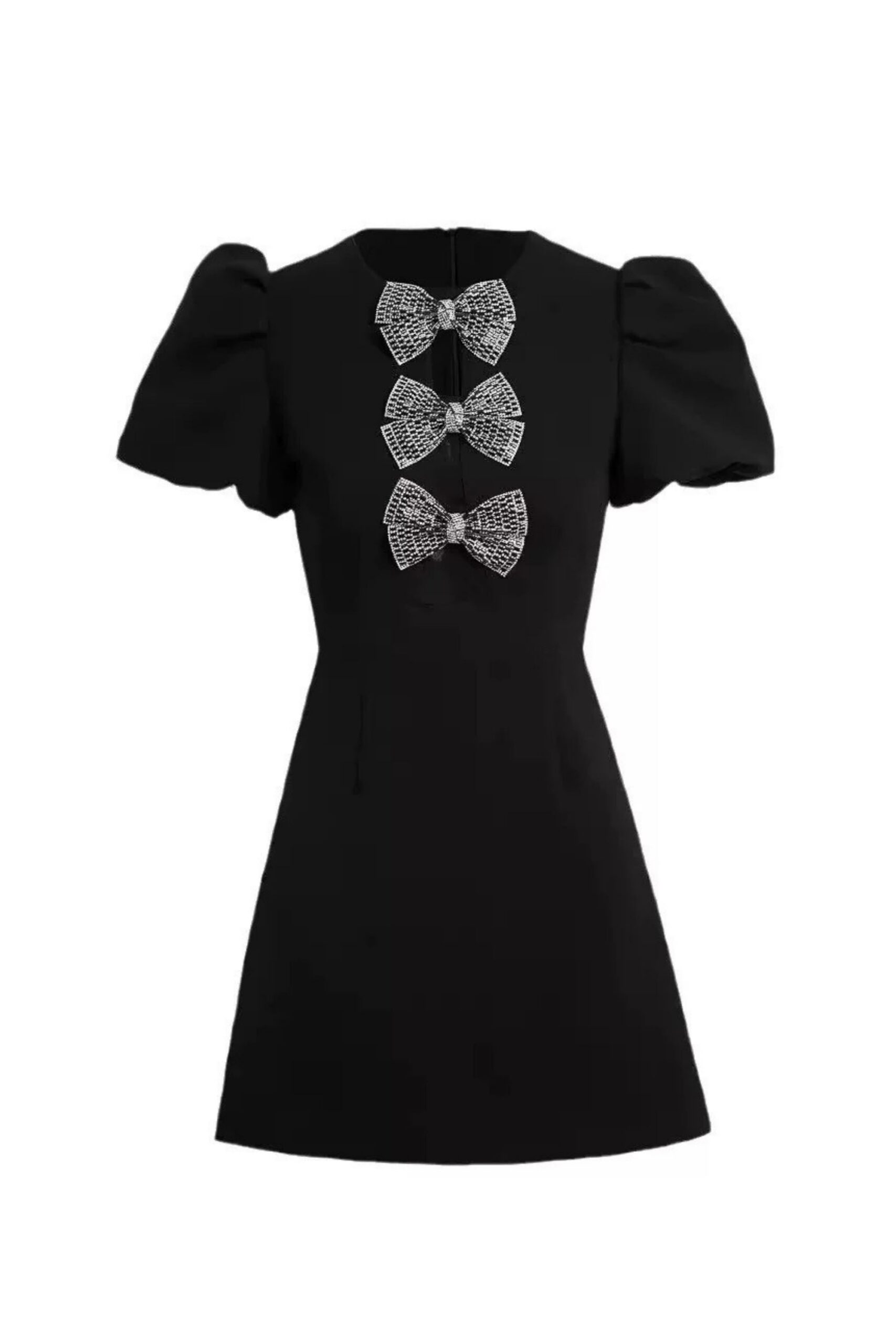 VANESSA BOW PUFF SLEEVE MINI BLACK COCKTAIL DRESS
