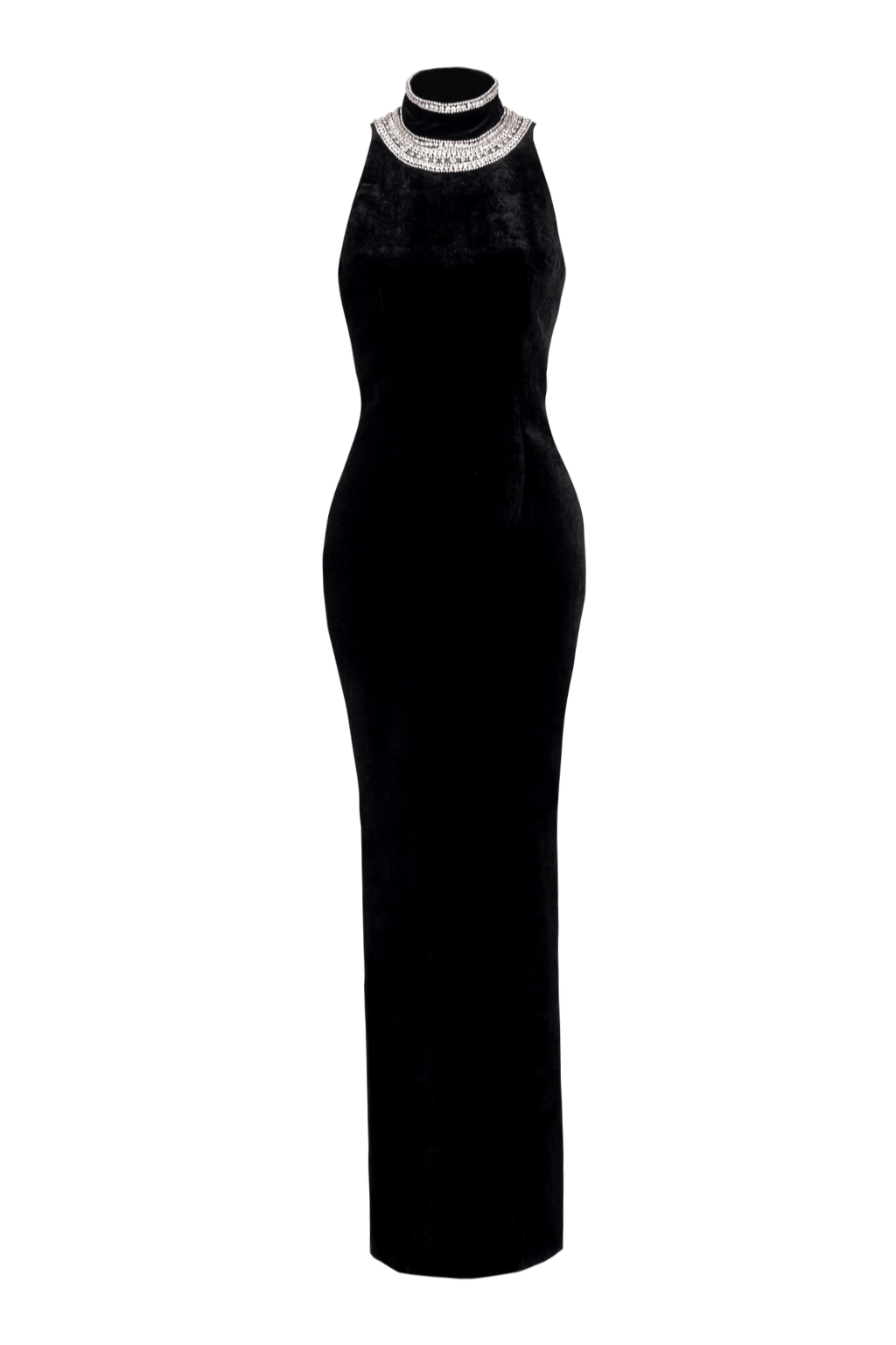 EMBROIDERED VELVET HALTER MAXI DRESS, BLACK, FORMAL