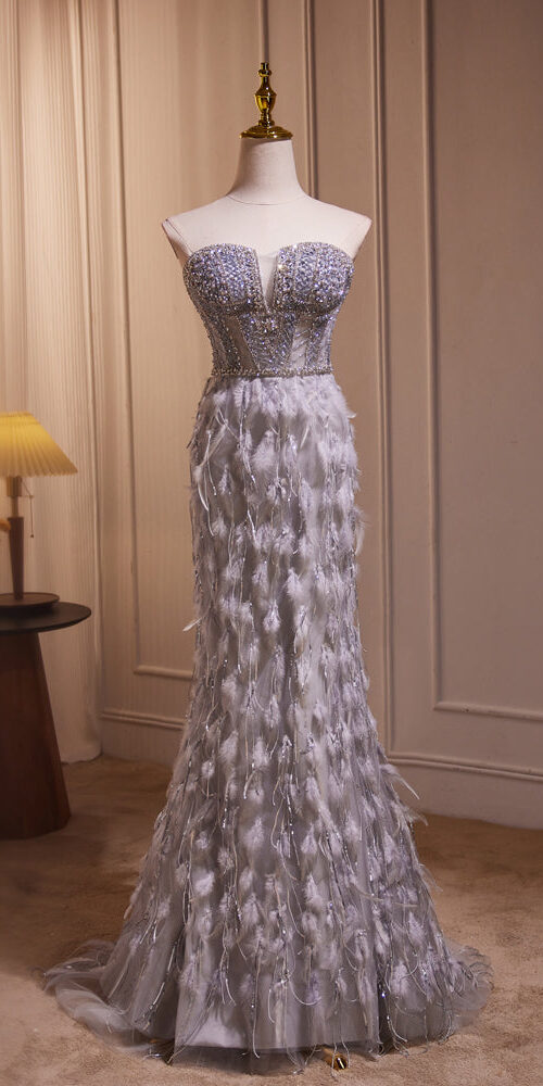 Embellished Neck Mermaid Gray Prom Dress Embellished Neck Mermaid Gray Prom Dress