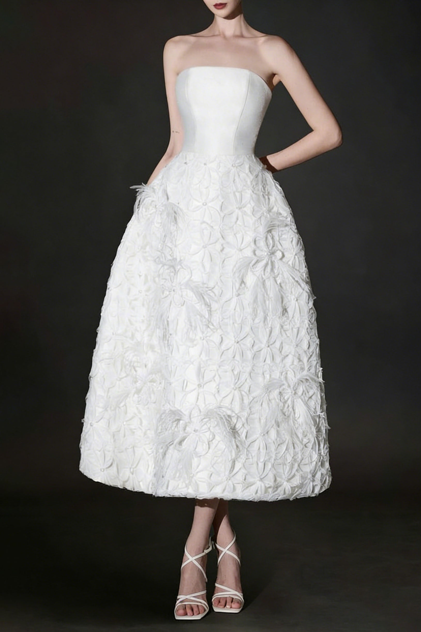 1_a480385c-890e-42d9-88b1-772f85 WHITE STRAPLESS MIDI DRESS WITH FLORAL EMBELLISHMENT FOR WEDDING