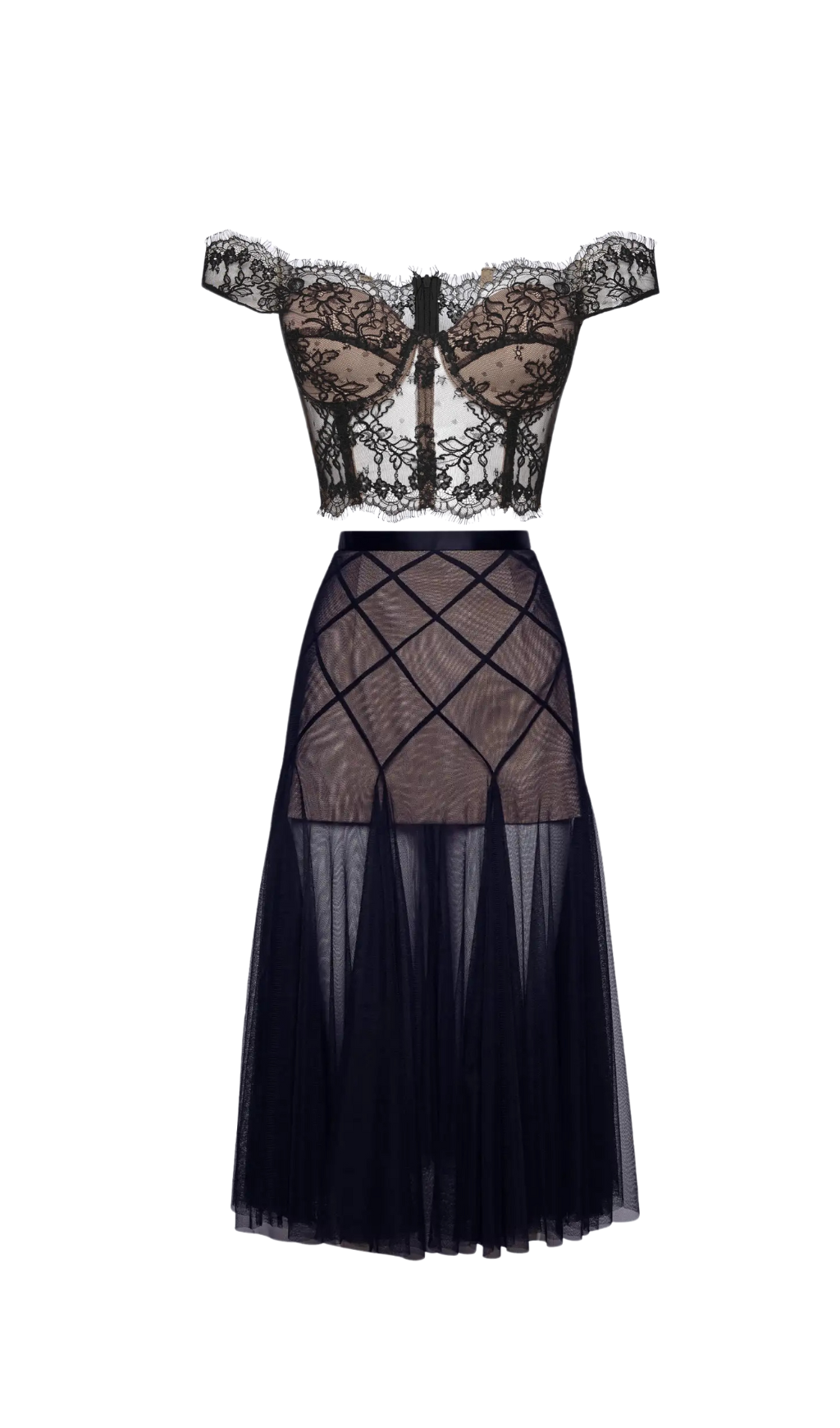 FLORAL LACE OFF-SHOULDER BUSTIER CORSET SKIRT SET