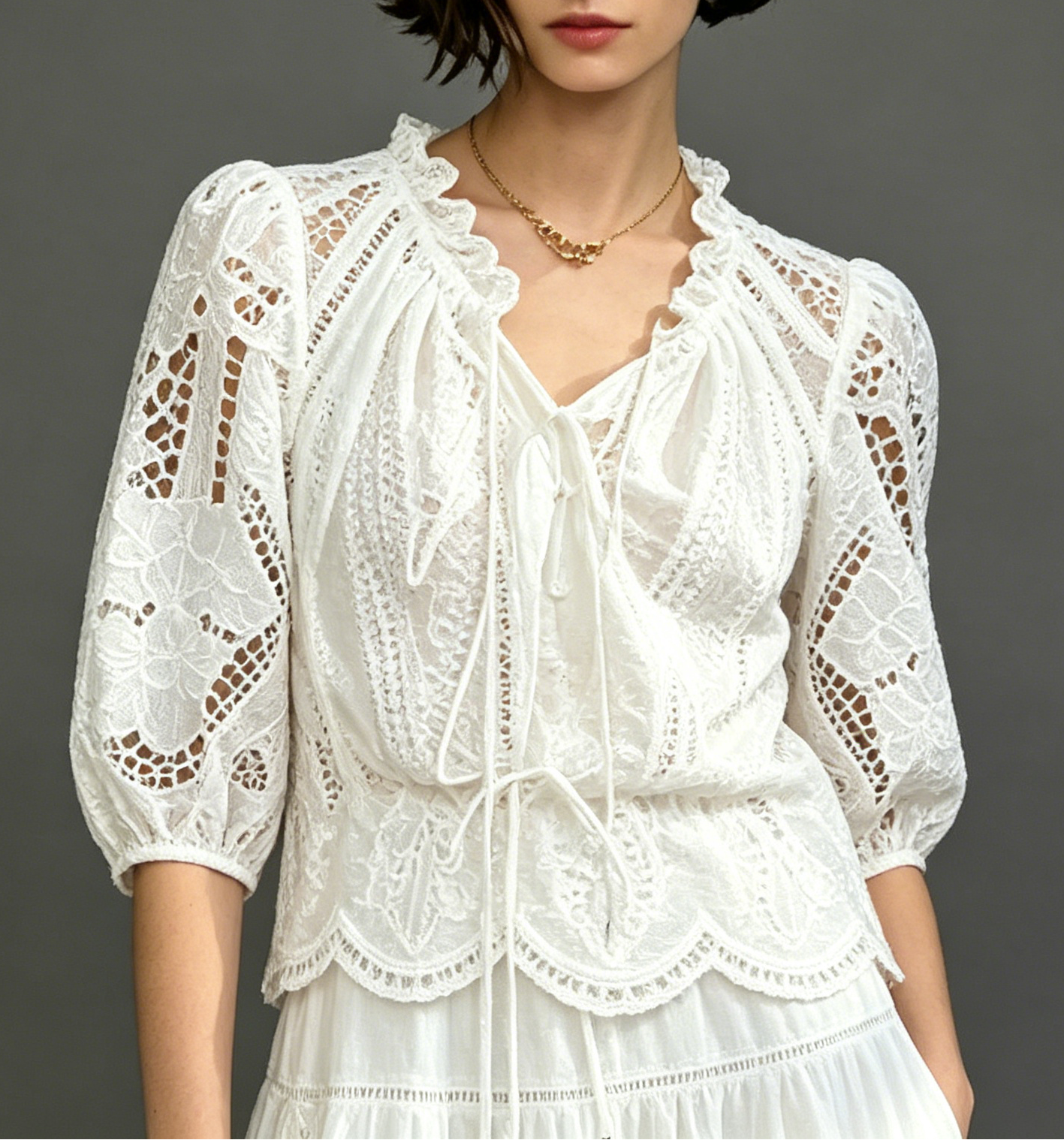WHITE EYELET TIERED MAXI DRESS WITH PUFF SLEEVES