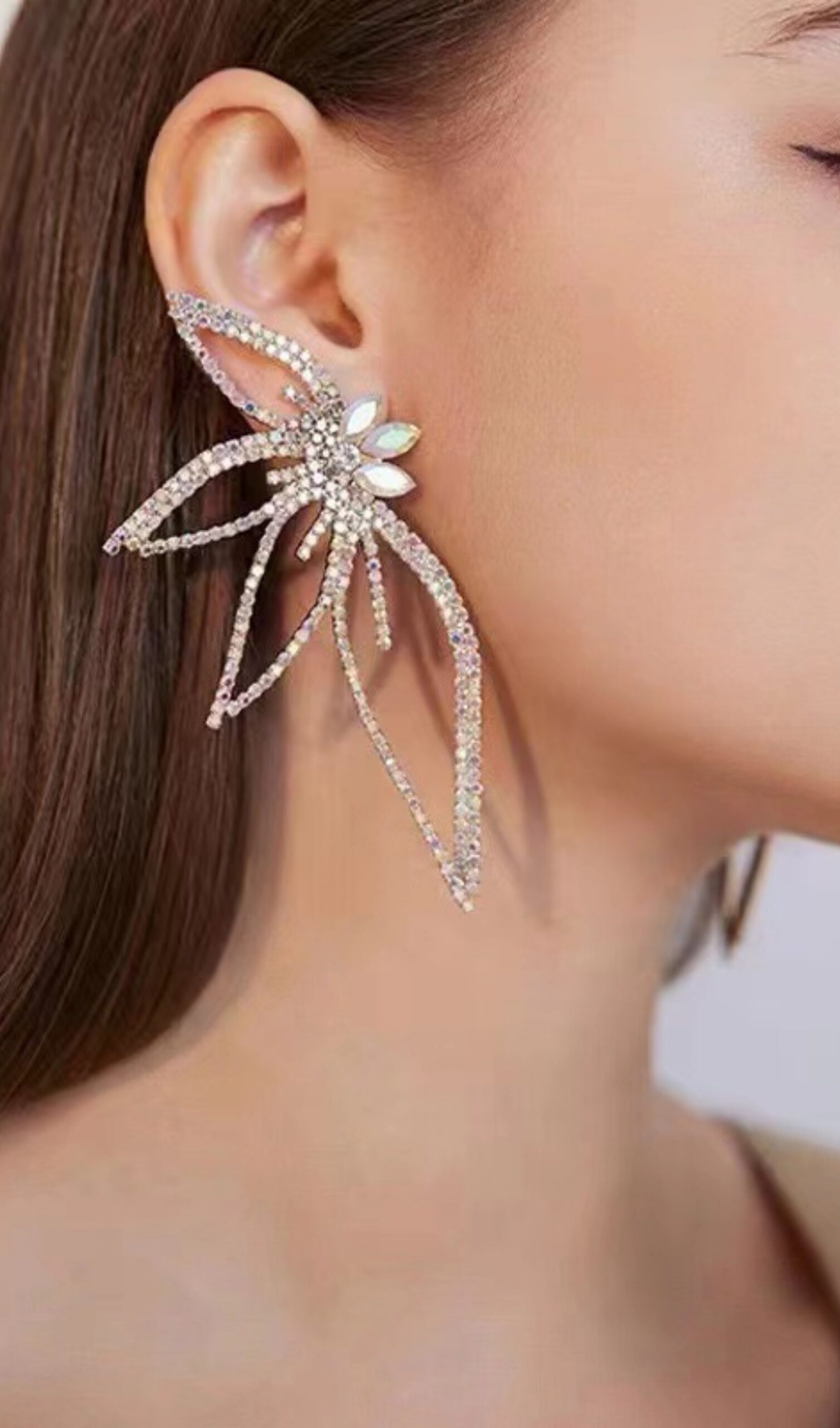 CRYSTAL FLOWER DANGLE EARRINGS SILVER WEDDING