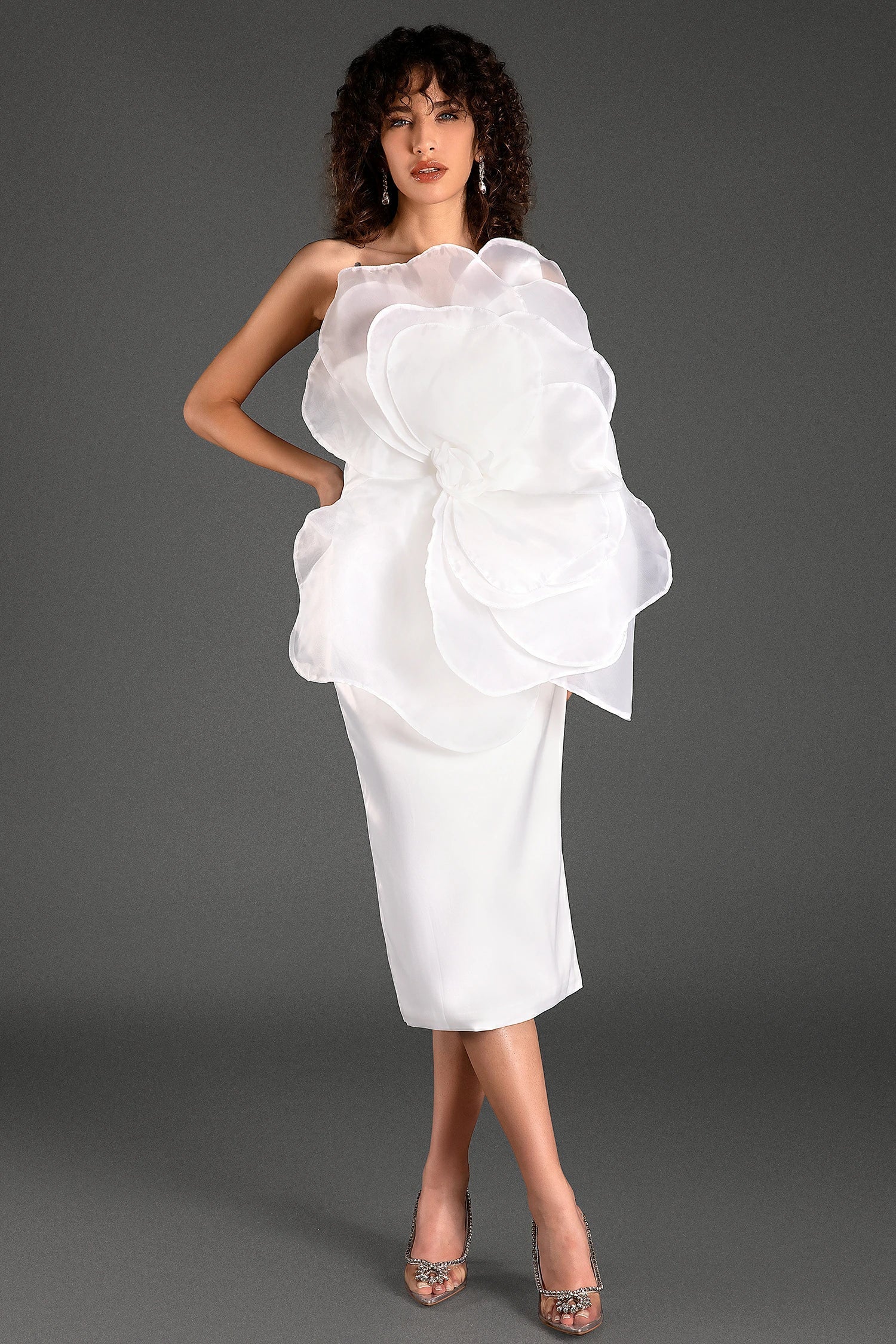 MUSTELIS ONE SHOULDER 3D FLORAL MIDI DRESS FOR WEDDING