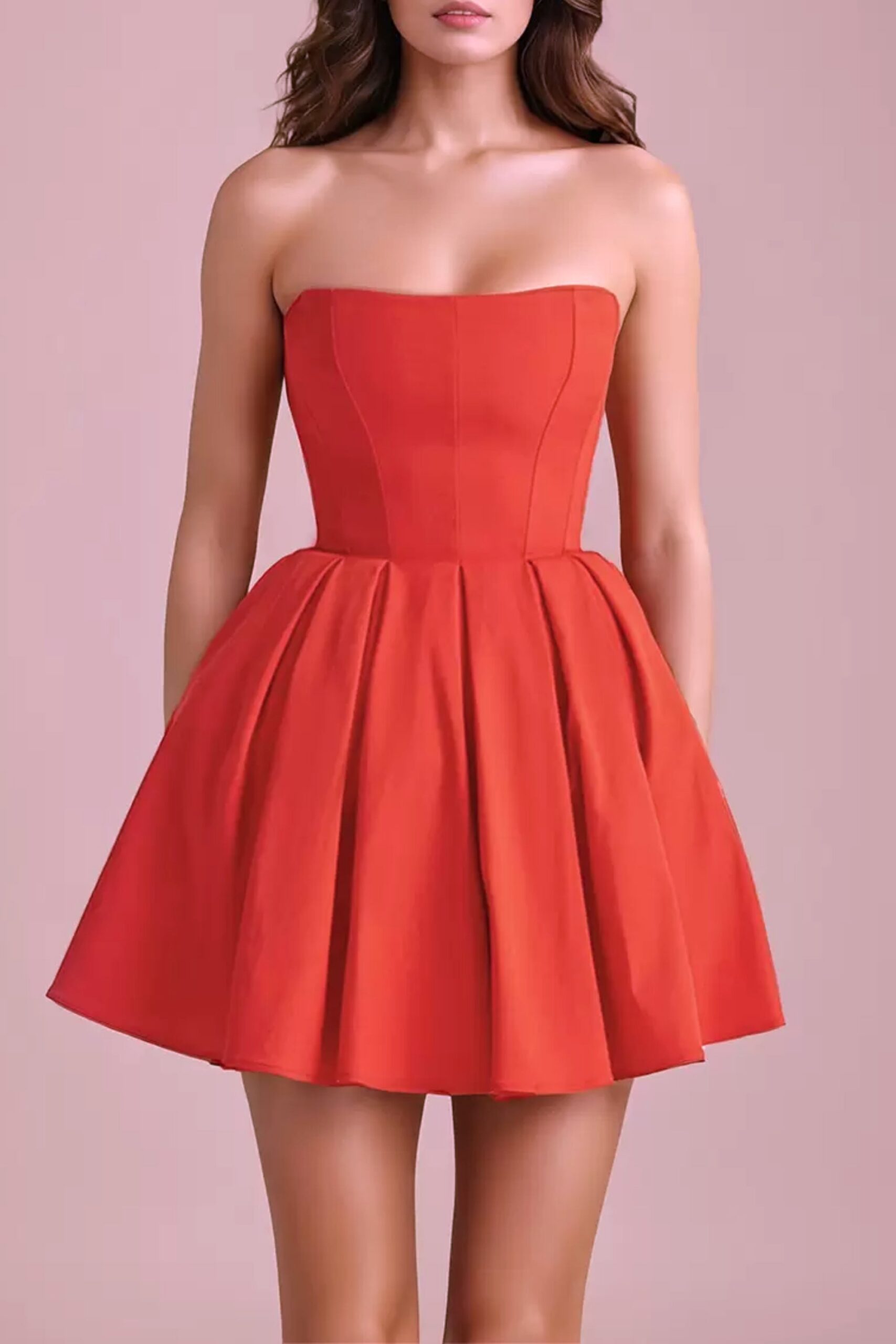 1_ab2f4a11-eaaf-40b7-a82c-b3cc20f9d32a ITALIAN TOMATO STRAPLESS PLEATED MINI COCKTAIL DRESS