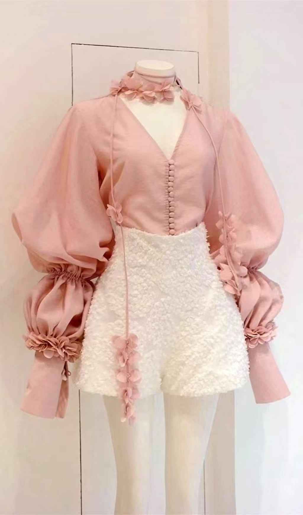 PUFF SLEEVE PINK TWO PIECE SUIT FOR WEDDING GUEST