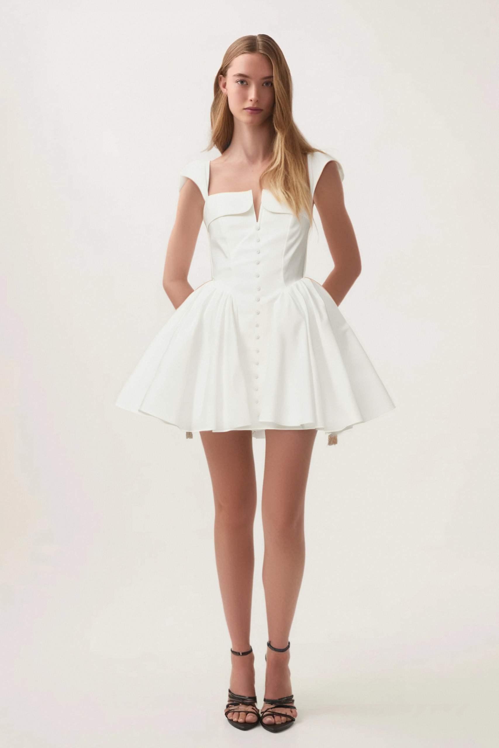 JULIE WHITE FOLDED NECK SLEEVELESS MINI DRESS