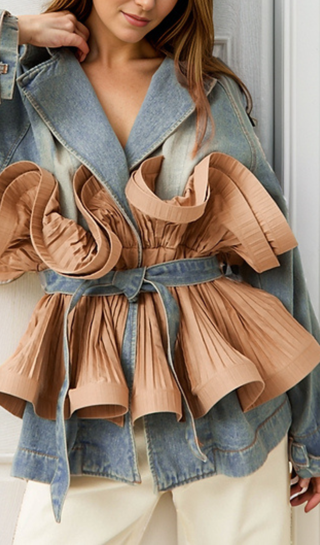 1_ad74d0ce-b153-4c1e-9557-8508e26eac27 PATCHWORK RUFFLE DENIM TUNIC COAT