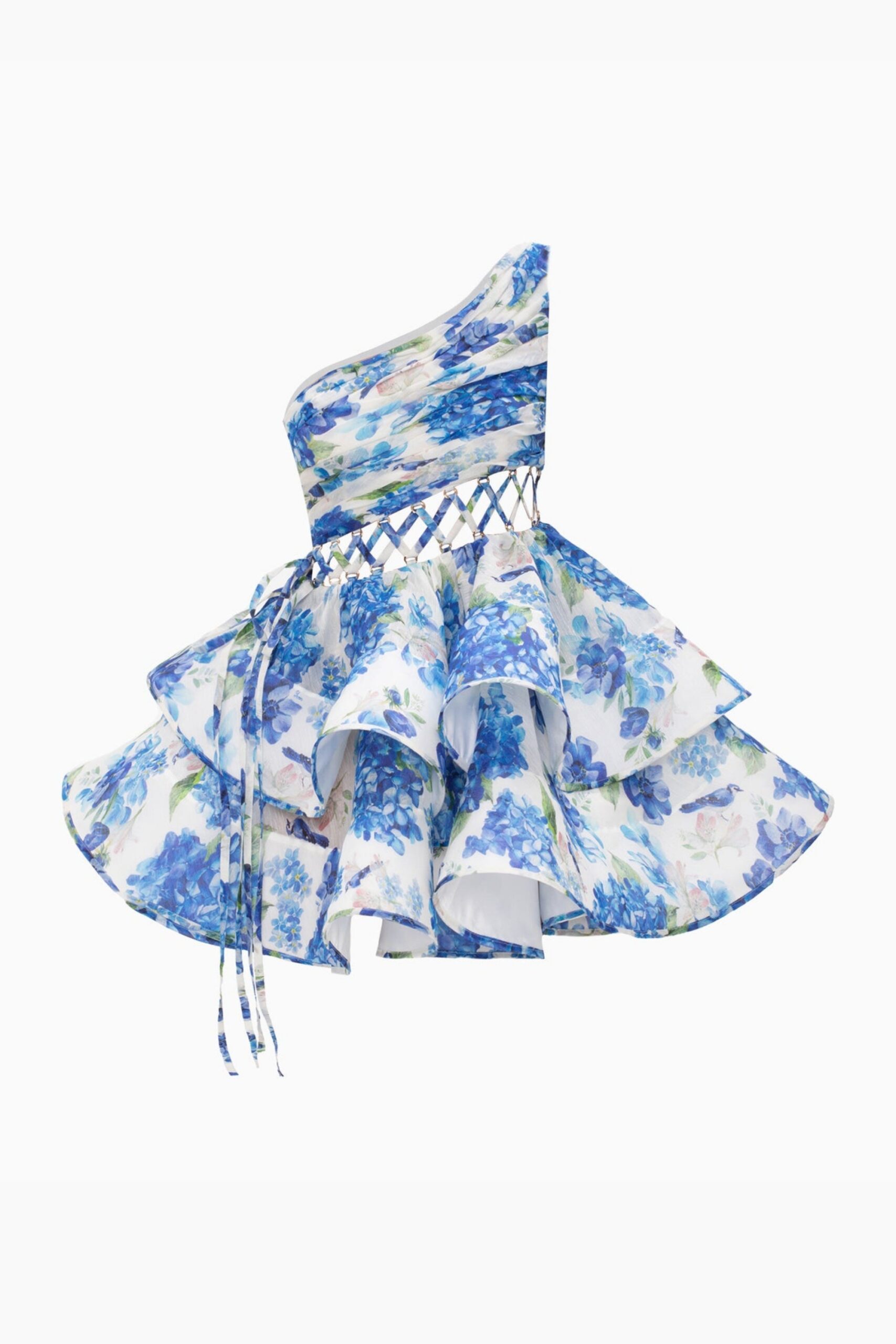 GAIL BLUE FLORAL ONE-SHOULDER MINI CHIFFON DRESS