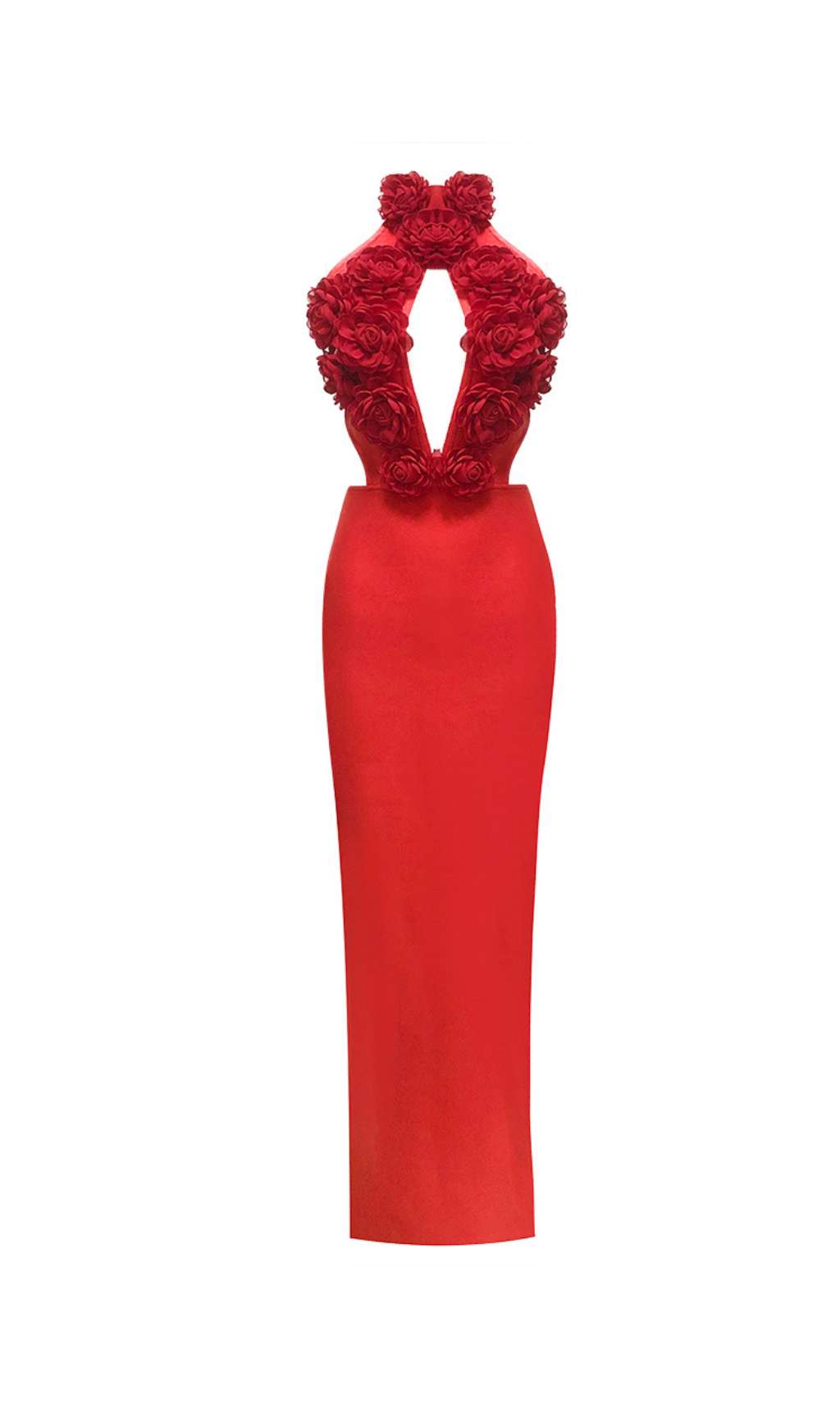 HALTER 3D FLOWER BACKLESS MAXI DRESS RED