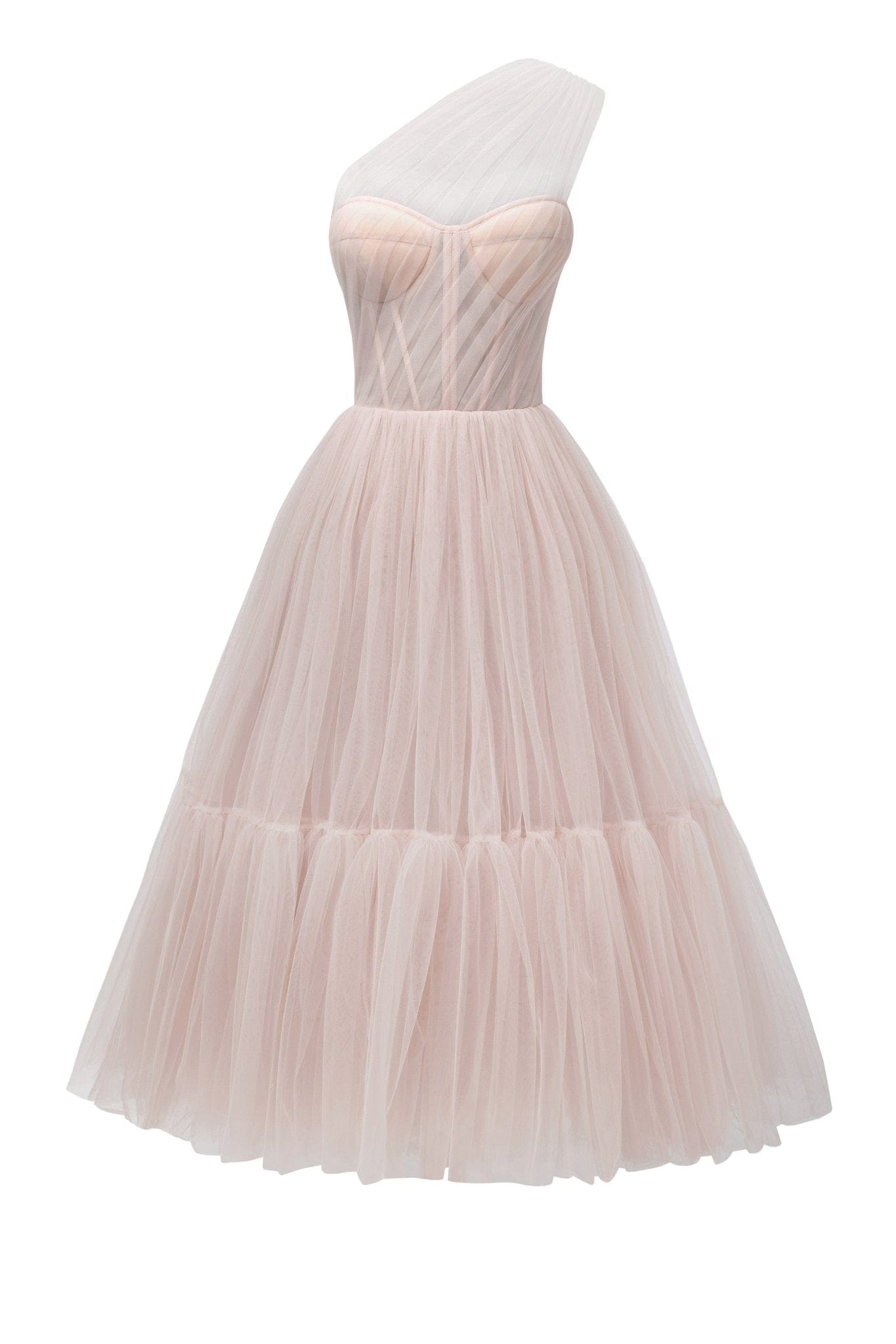 MISTY ROSE ONE-SHOULDER TULLE COCKTAIL DRESS