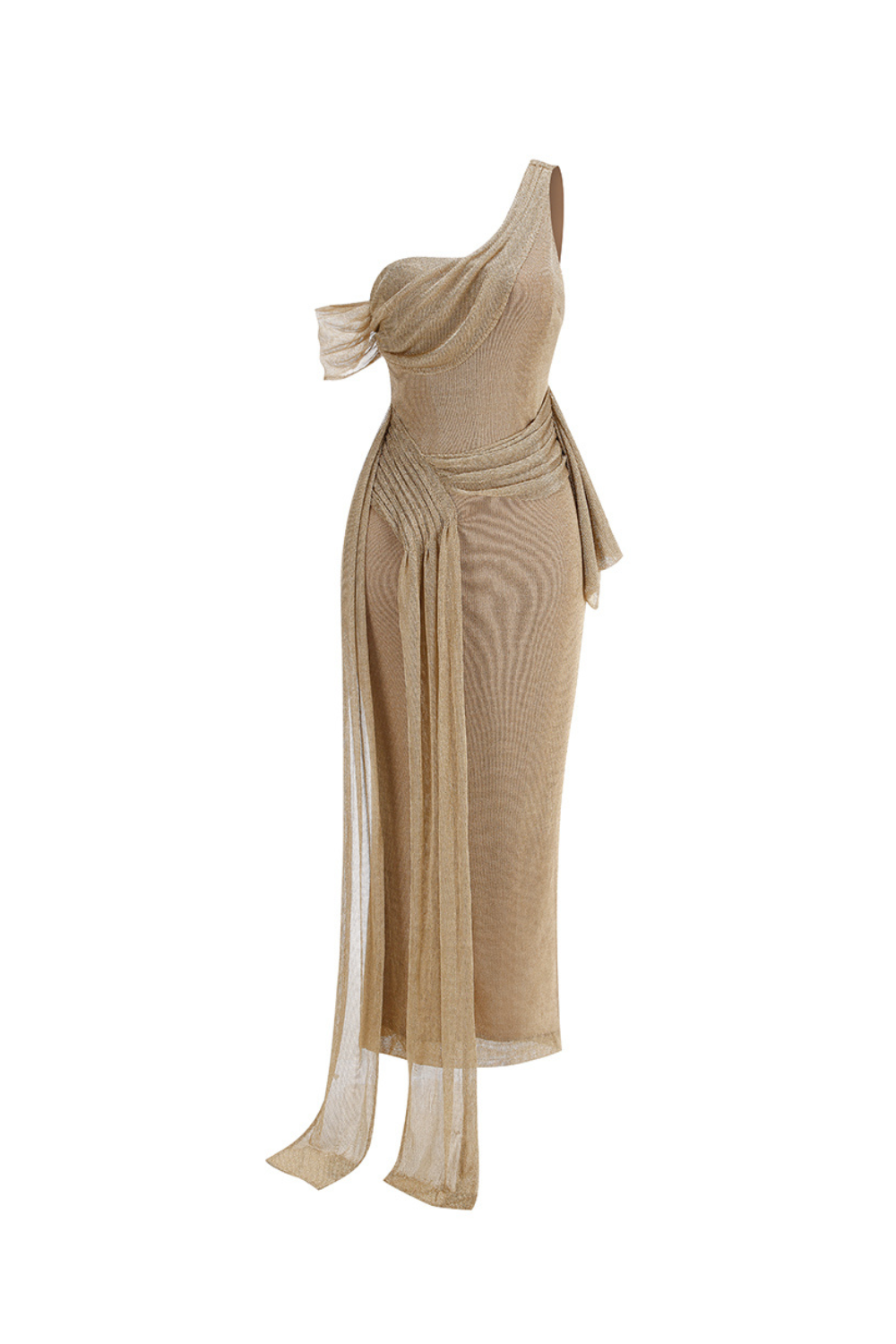 ONE-SHOULDER DRAPED BODYCON KHAKI MAXI DRESS