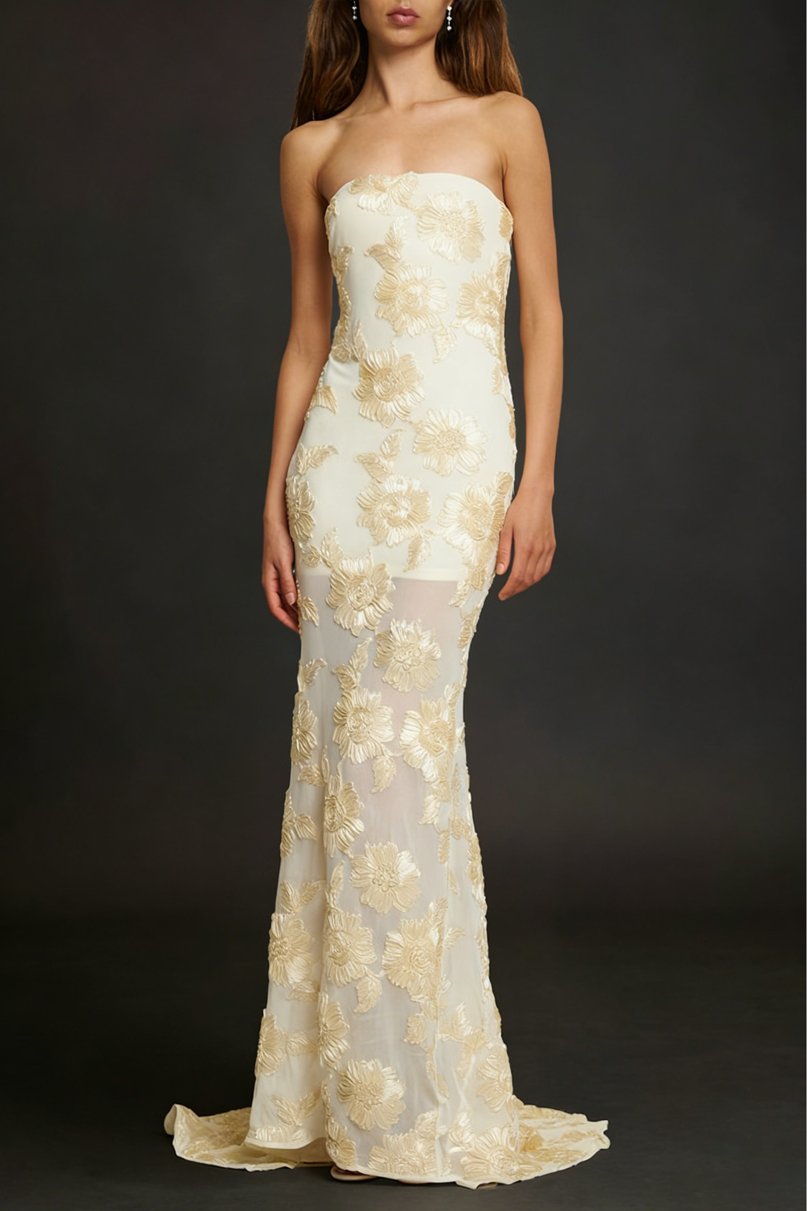 EMBROIDERED STRAPLESS APRICOT GOWN, FORMAL